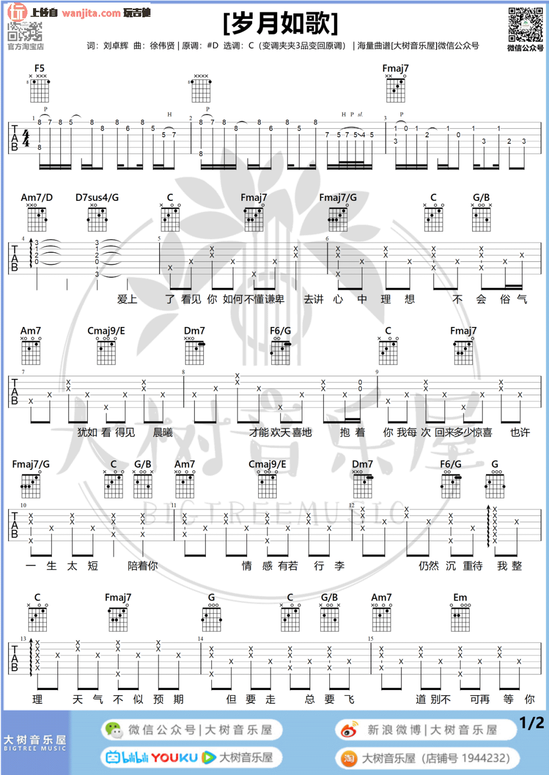 _岁月如歌_吉他谱_C调完美版六线谱_吉他弹唱教学/演示_陈奕迅