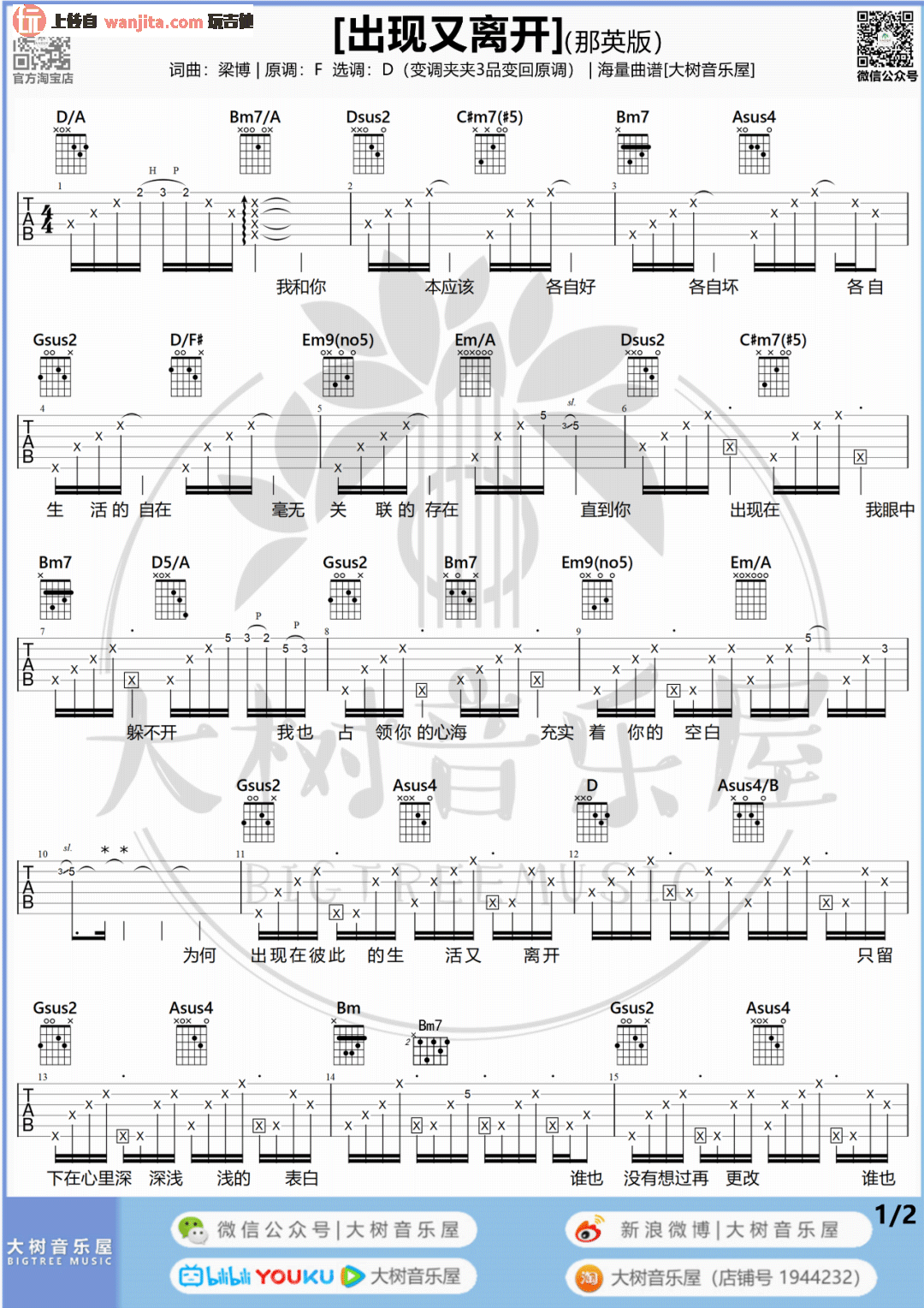 _出现又离开_吉他谱_D调超原版六线谱_吉他弹唱教学/演示视频_梁博