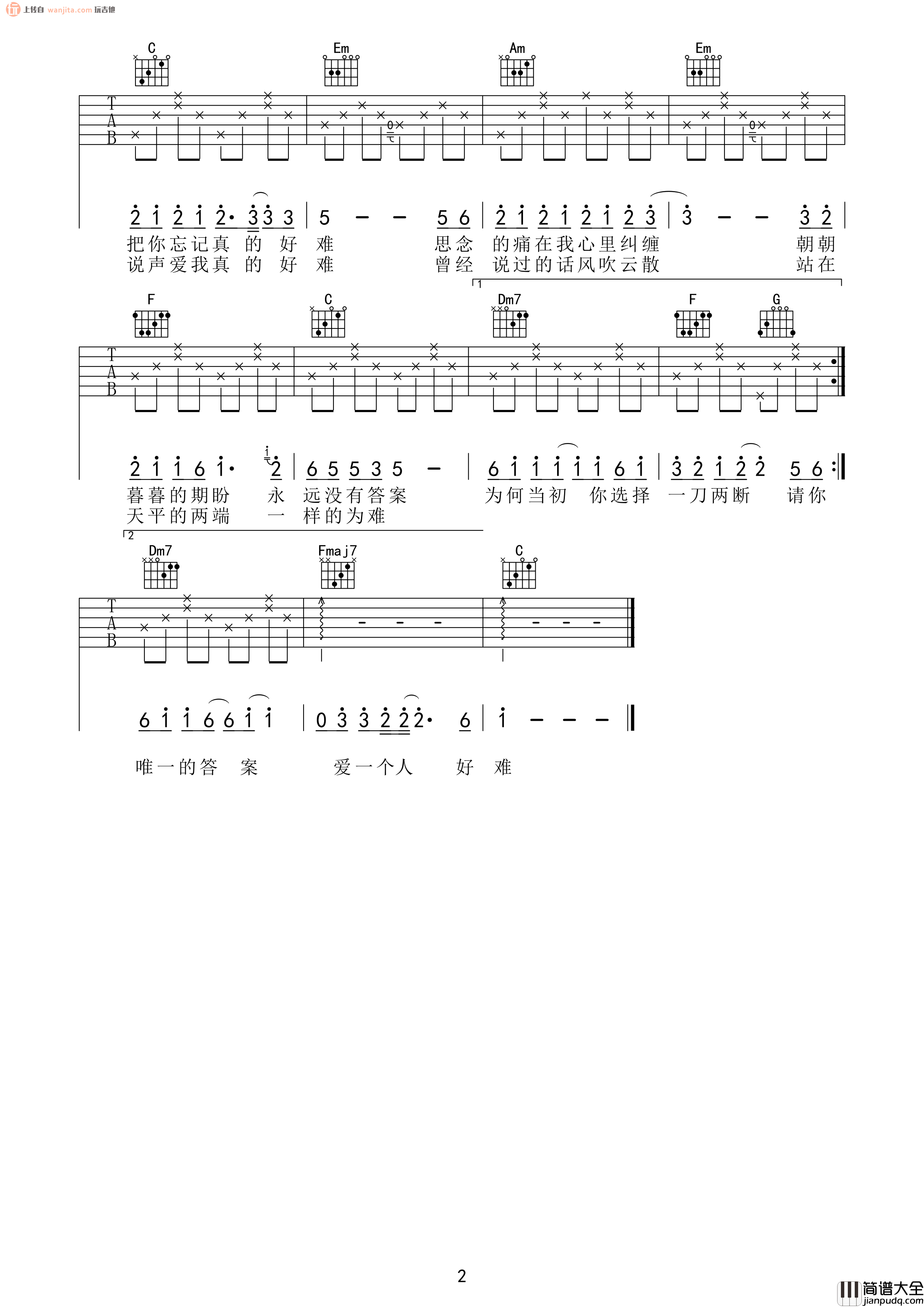 _爱一个人好难_吉他谱_C调原版六线谱_吉他弹唱谱_苏永康