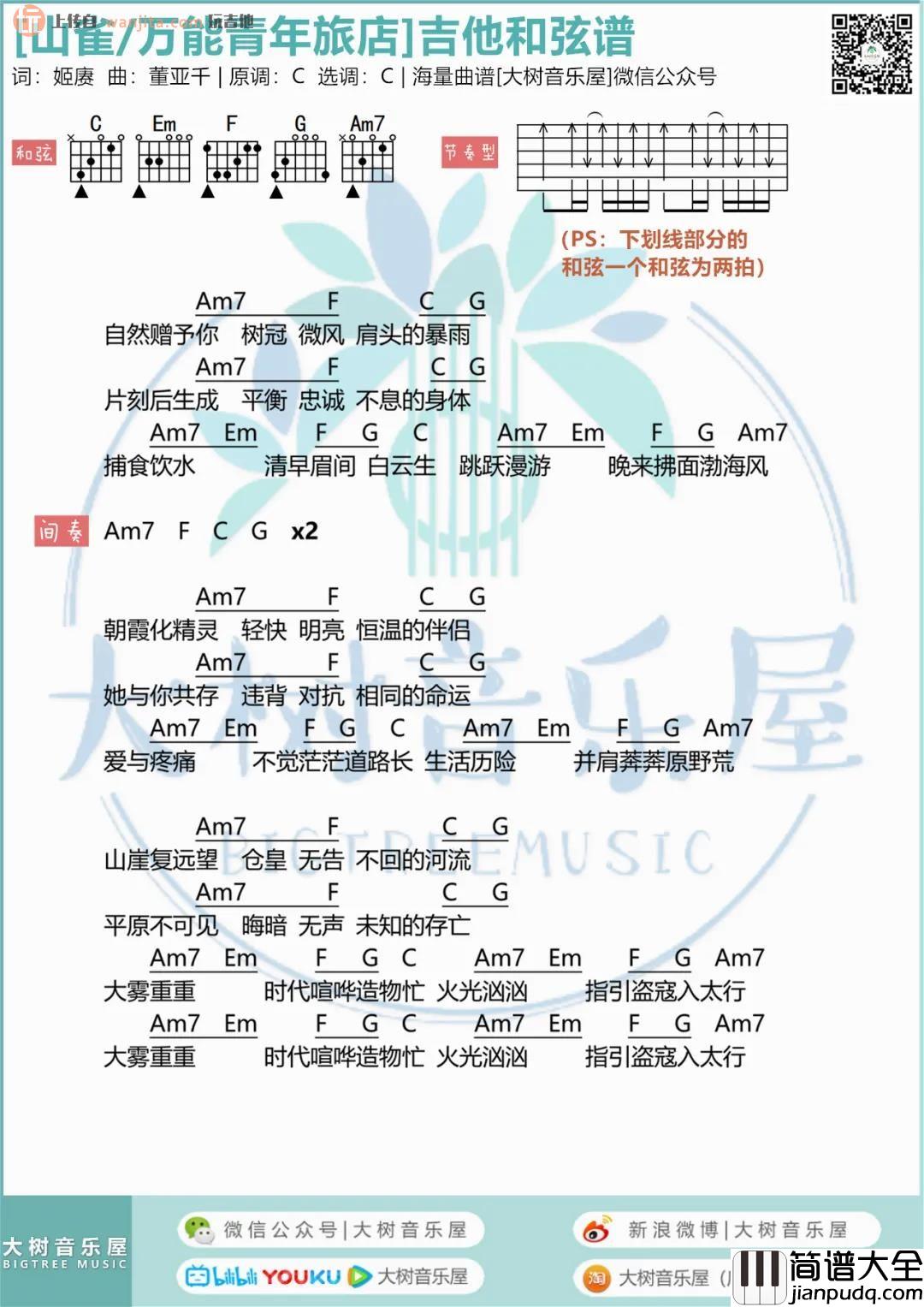 《山雀》吉他谱_C调扫弦和弦谱_山雀吉他弹唱谱_万能青年旅店 _山雀_吉他谱_C调扫弦和弦谱_山雀吉他弹唱谱_万能青年旅店