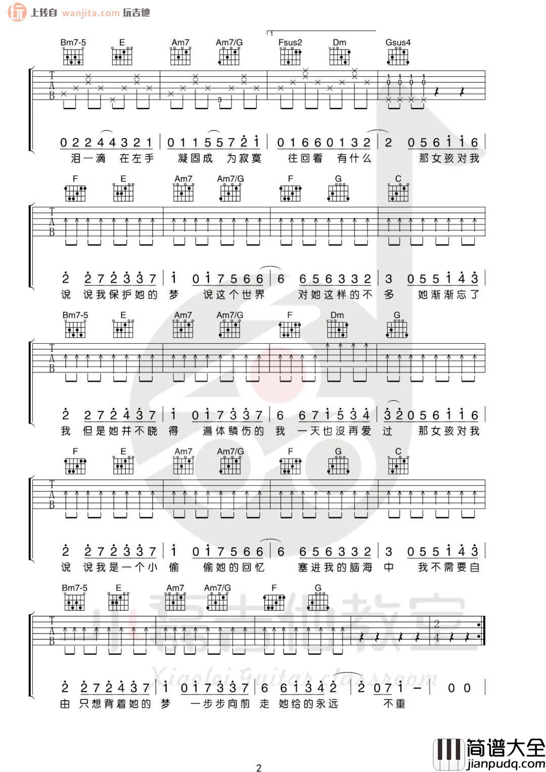 _那女孩对我说_吉他谱_C调原版六线谱_吉他弹唱视频教学_黄义达