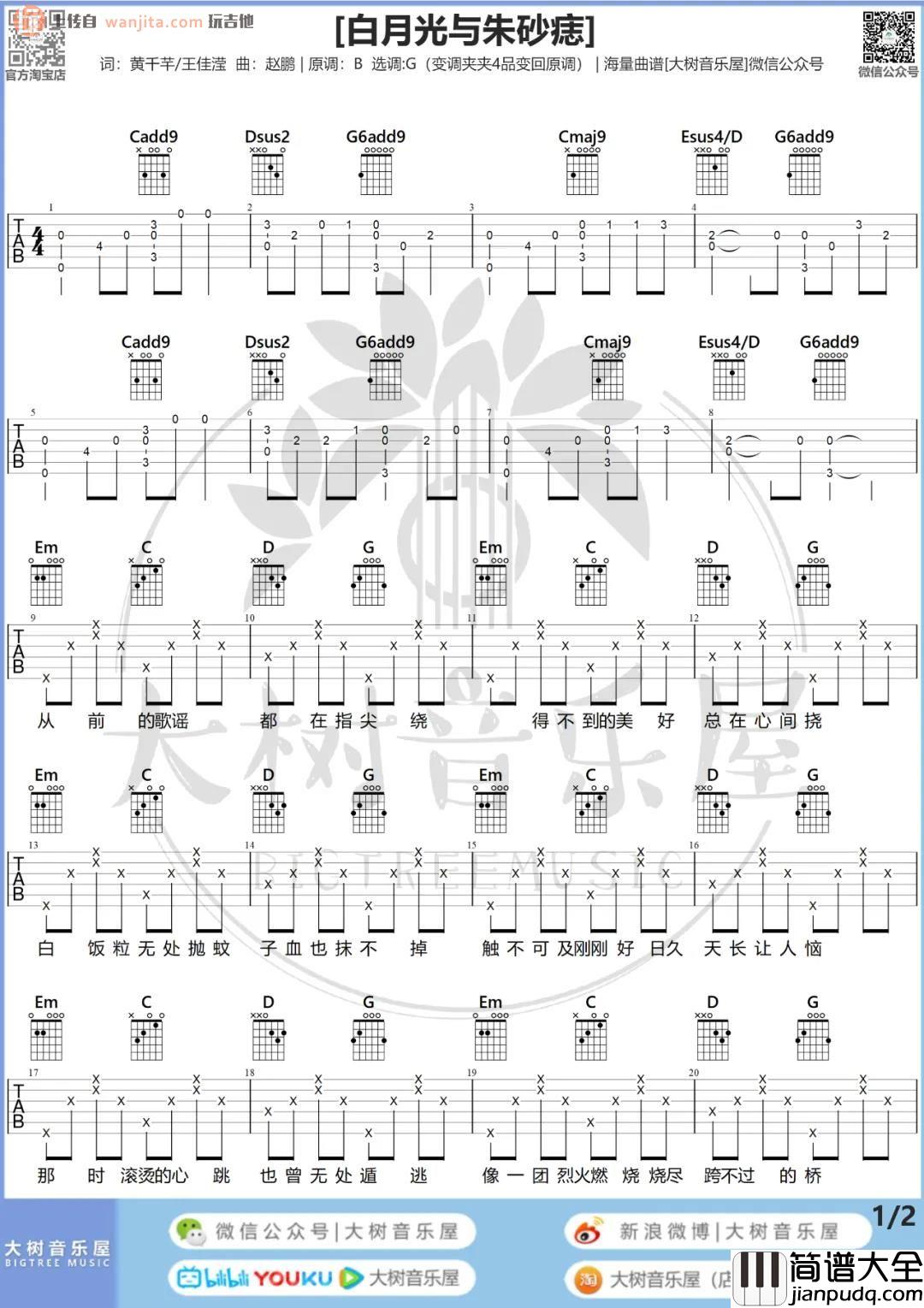 _白月光与朱砂痣_吉他谱_G调超原版六线谱_吉他弹唱教学_大籽