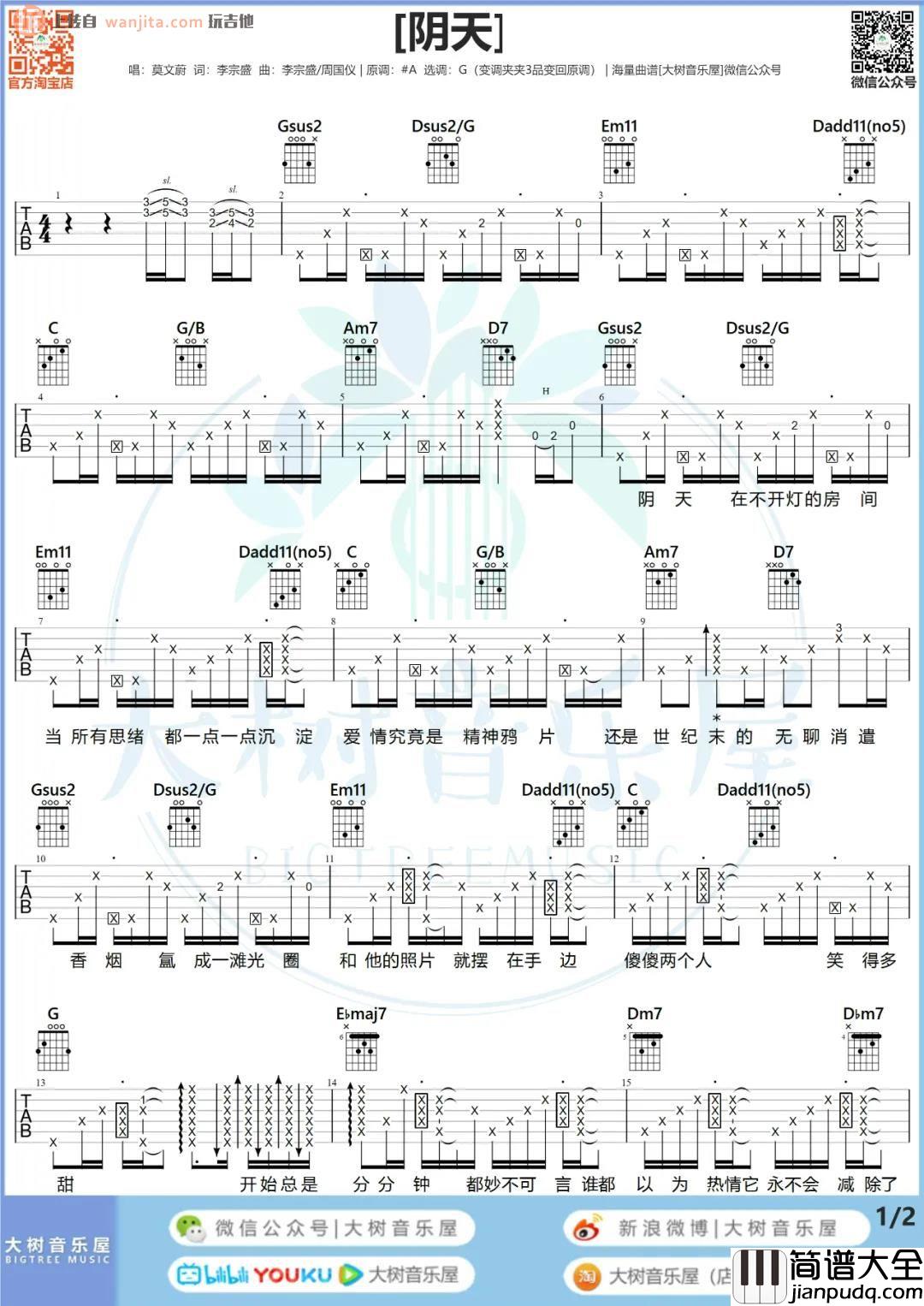 _阴天_吉他谱_G调原版六线谱_阴天吉他弹唱教学_莫文蔚