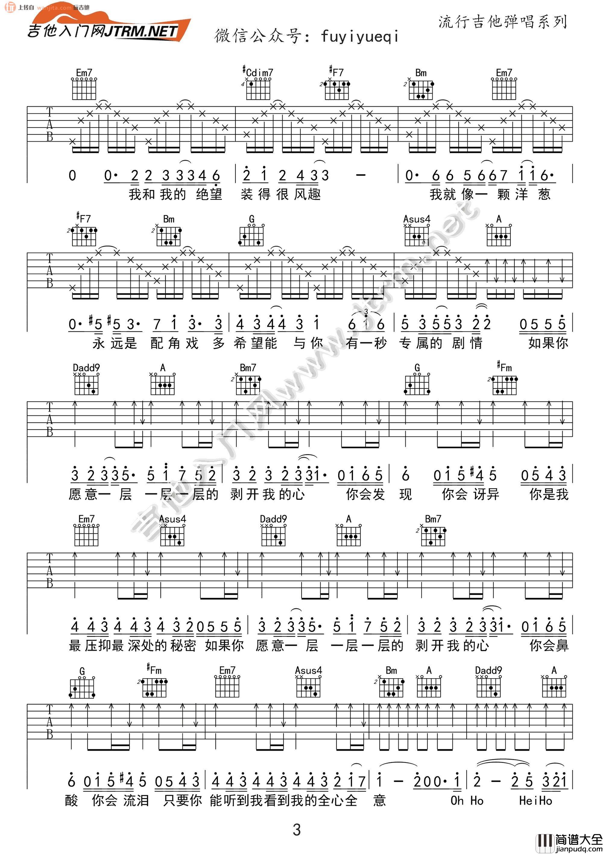 _洋葱_吉他谱_D调原版六线谱_洋葱吉他弹唱视频教程_杨宗纬