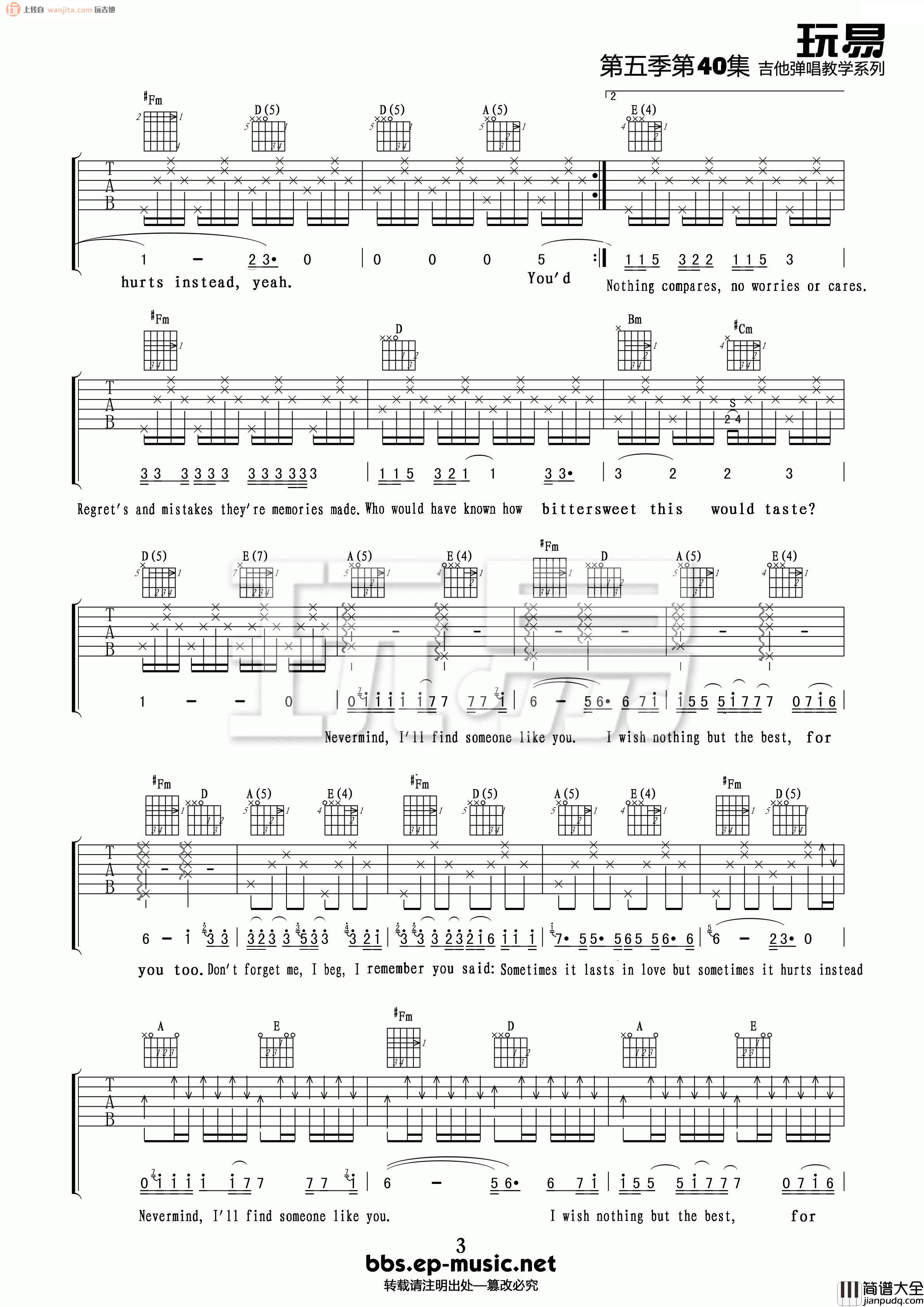 Someone Like You吉他谱_A调原版六线谱_高清图片谱_Adele Someone_Like_You吉他谱_A调原版六线谱_高清图片谱_Adele