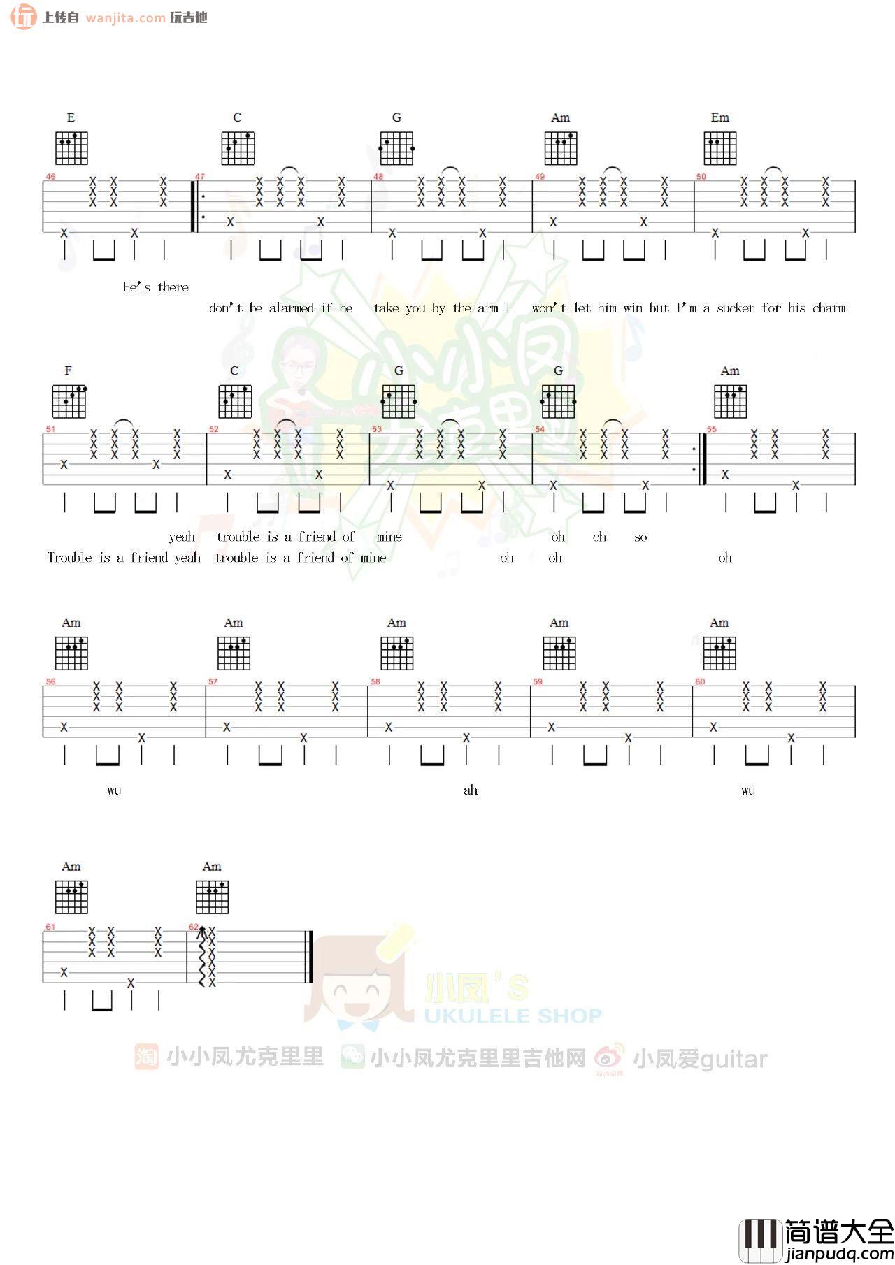 _trouble_is_a_friend_吉他谱_C调弹唱六线谱_吉他视频教程_Lenka