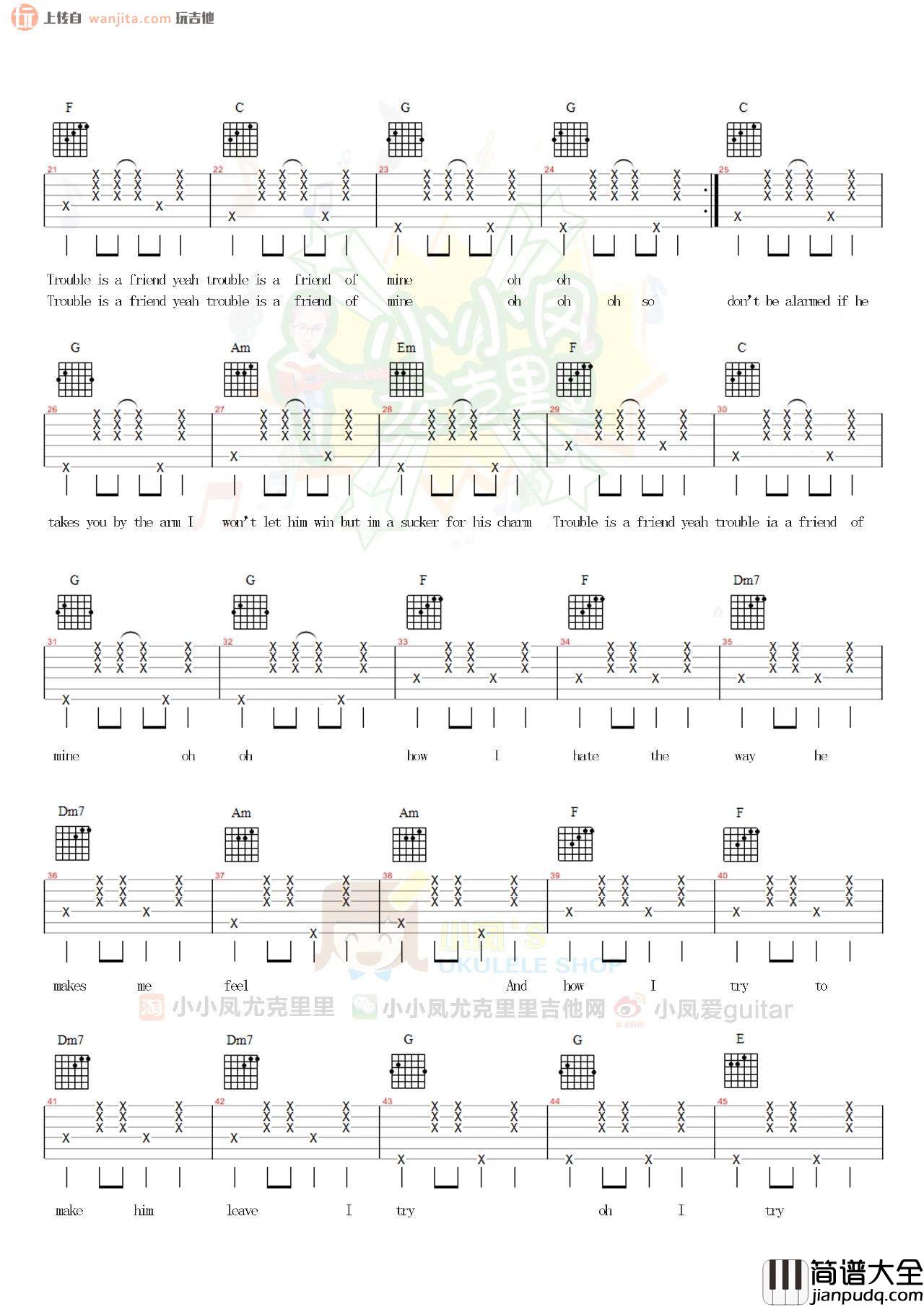 _trouble_is_a_friend_吉他谱_C调弹唱六线谱_吉他视频教程_Lenka