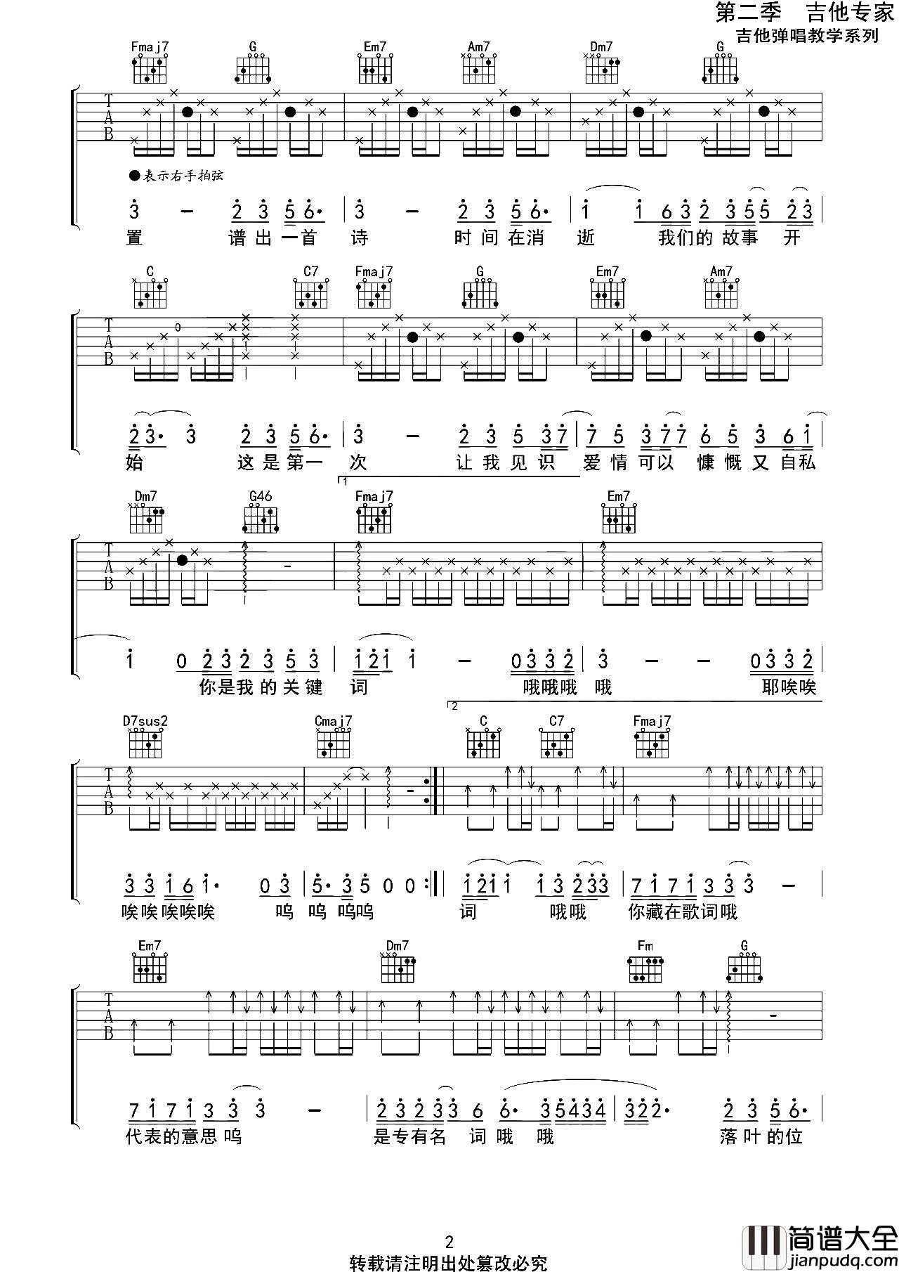 _关键词_吉他谱_C调原版弹唱六线谱_高清图片谱_林俊杰