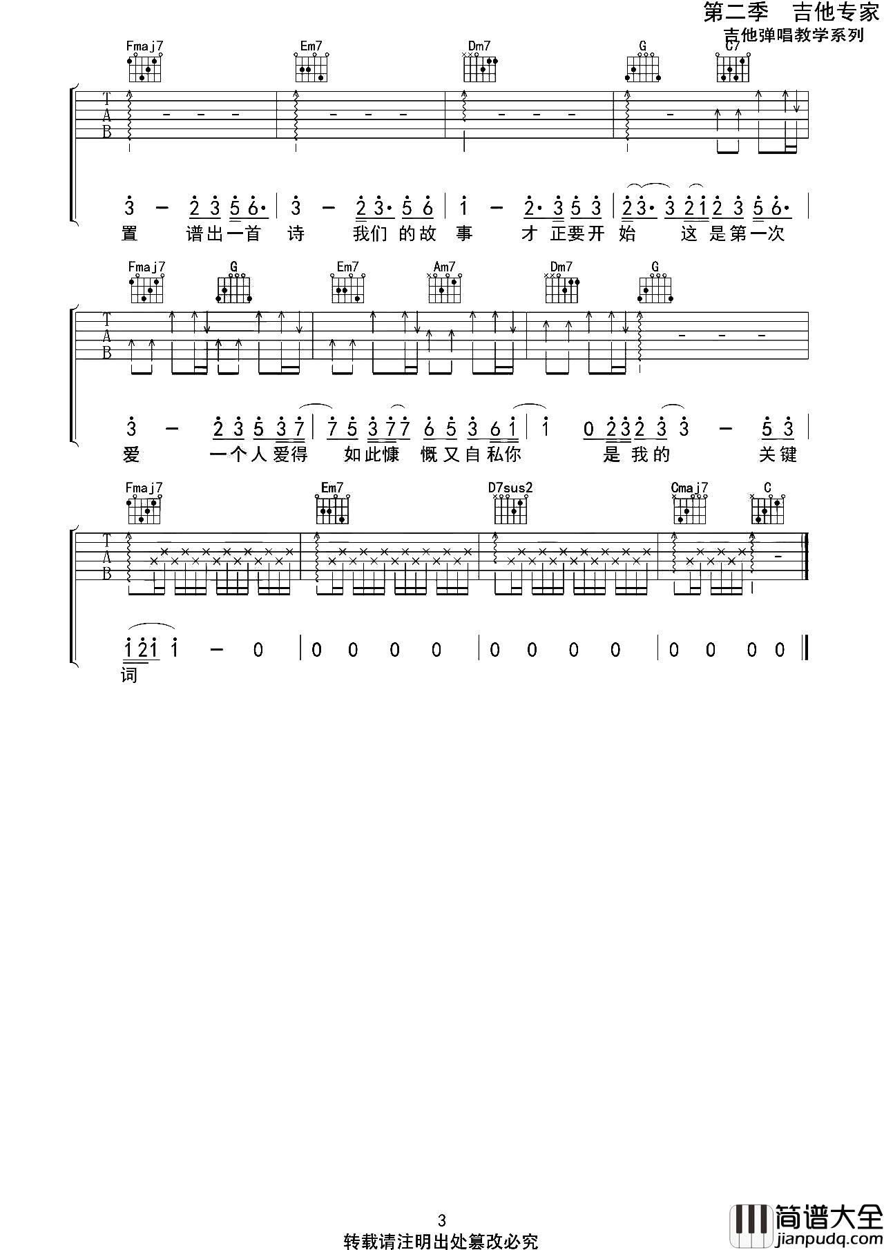 _关键词_吉他谱_C调原版弹唱六线谱_高清图片谱_林俊杰
