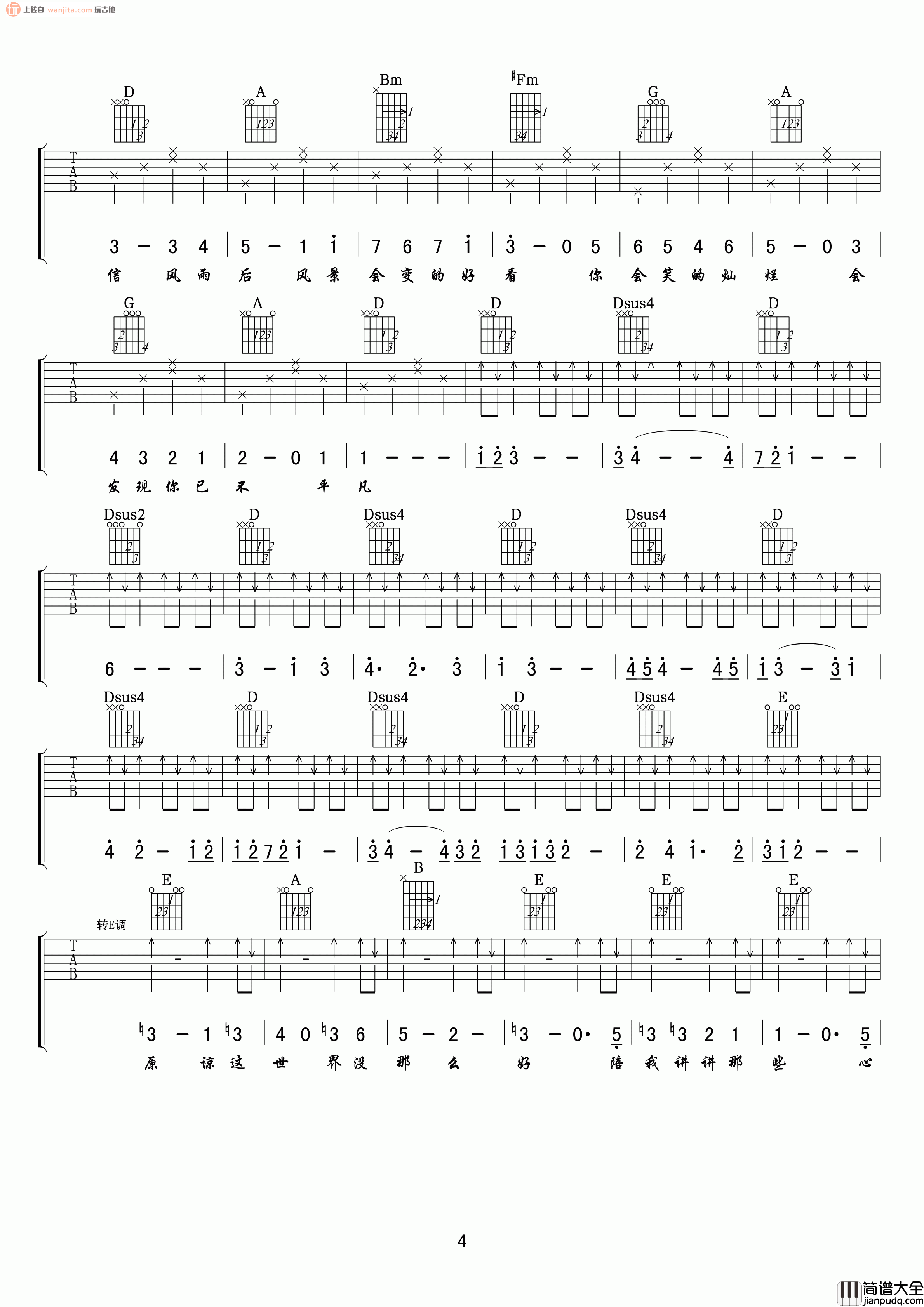 _原谅这世界没那么好_吉他谱_D调弹唱六线谱_高清图片谱_孙子涵