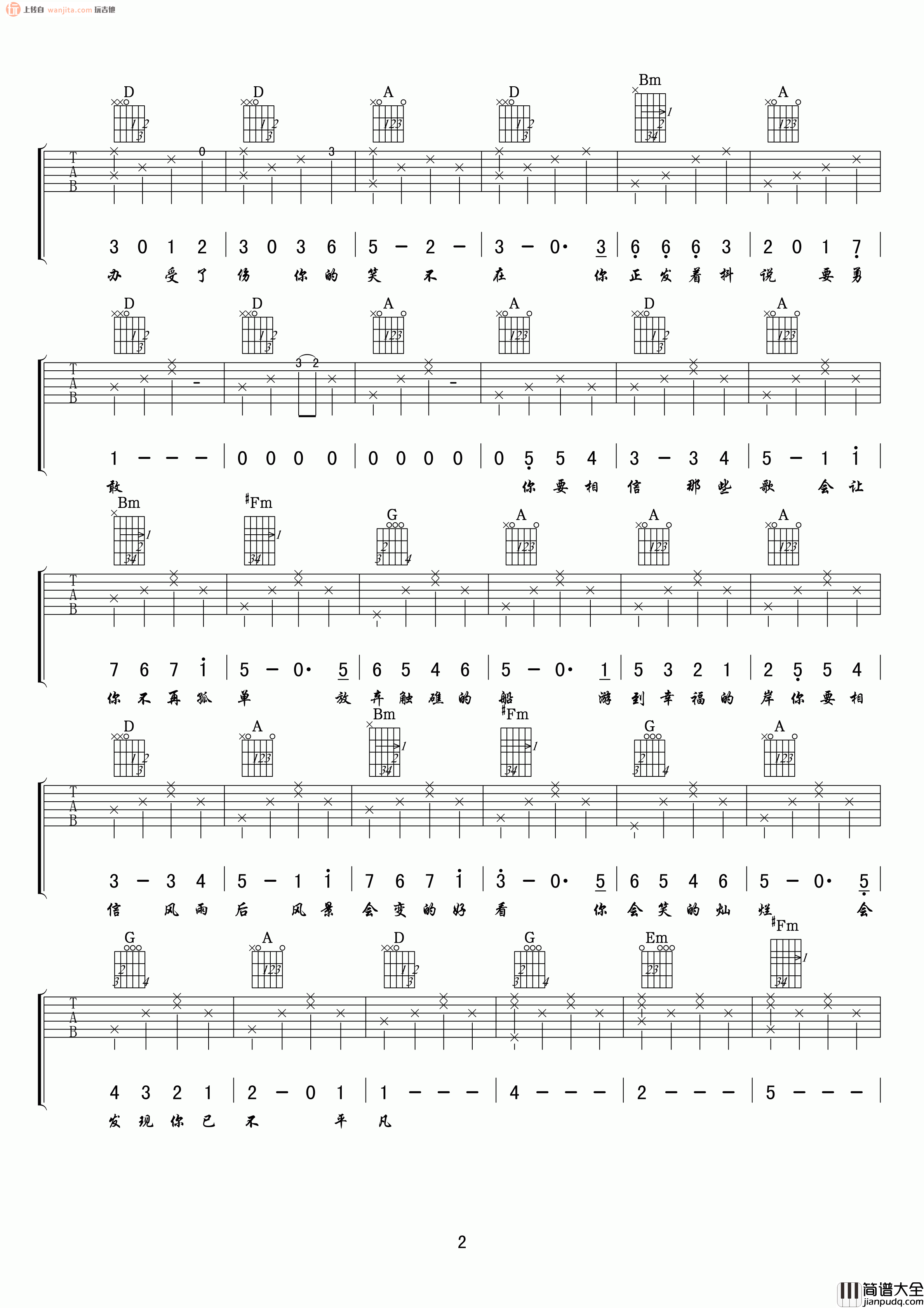 _原谅这世界没那么好_吉他谱_D调弹唱六线谱_高清图片谱_孙子涵