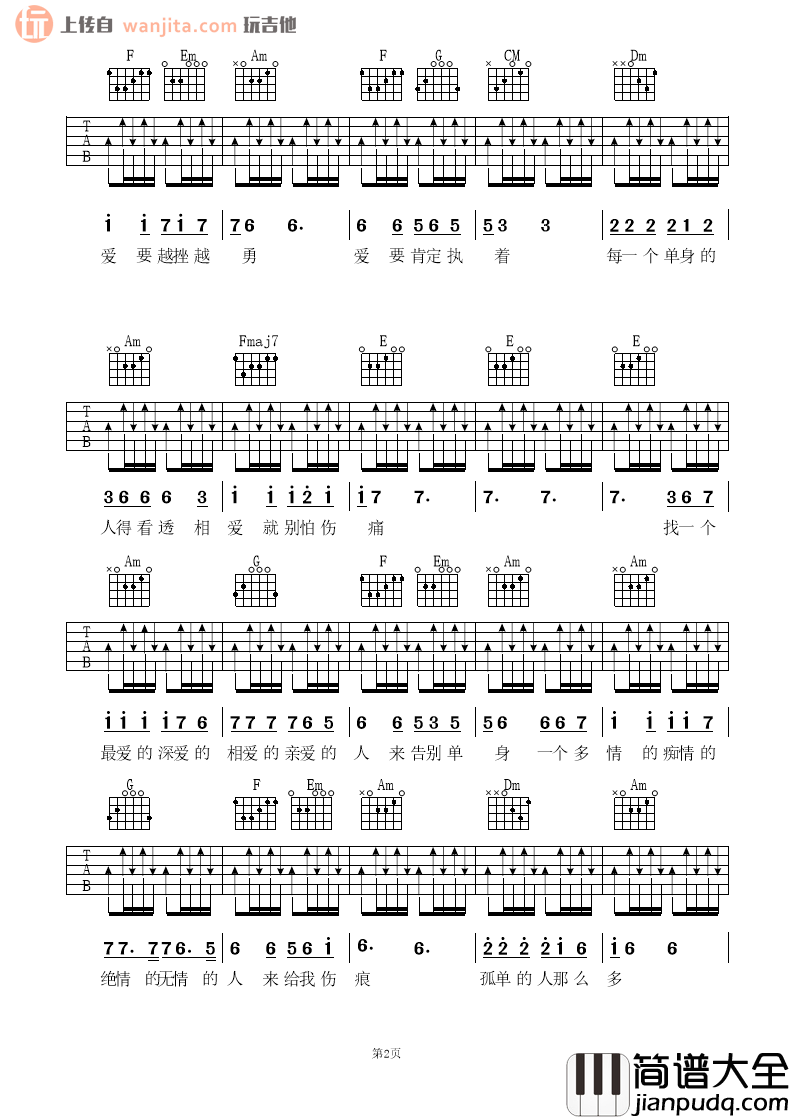_单身情歌_吉他谱_C调原版扫弦六线谱_高清图片谱_林志炫