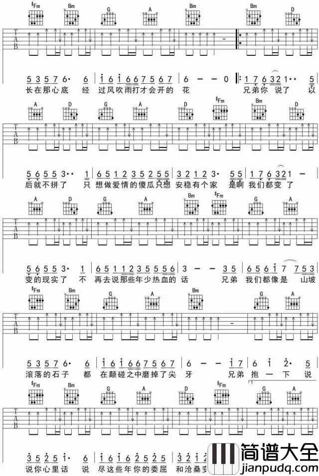 _兄弟抱一下_吉他谱_D调弹唱六线谱_高清图片谱_庞龙