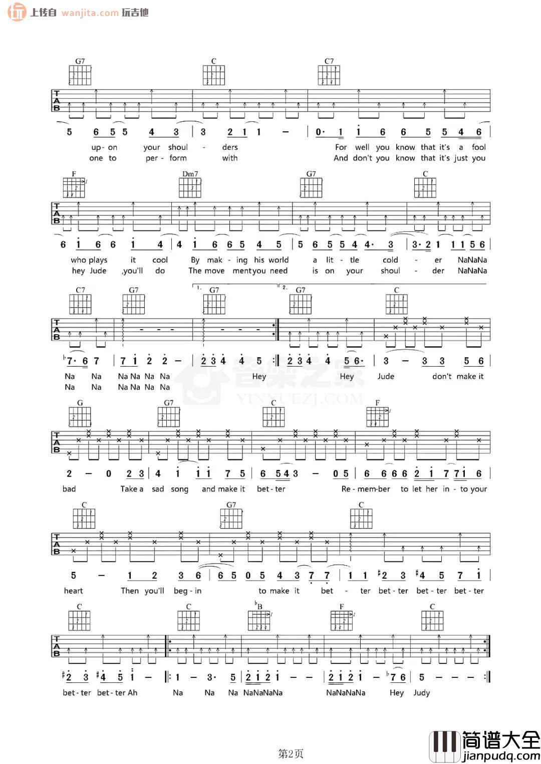 _hey_jude_吉他谱_C调原版六线谱_经典英文歌曲_孙燕姿