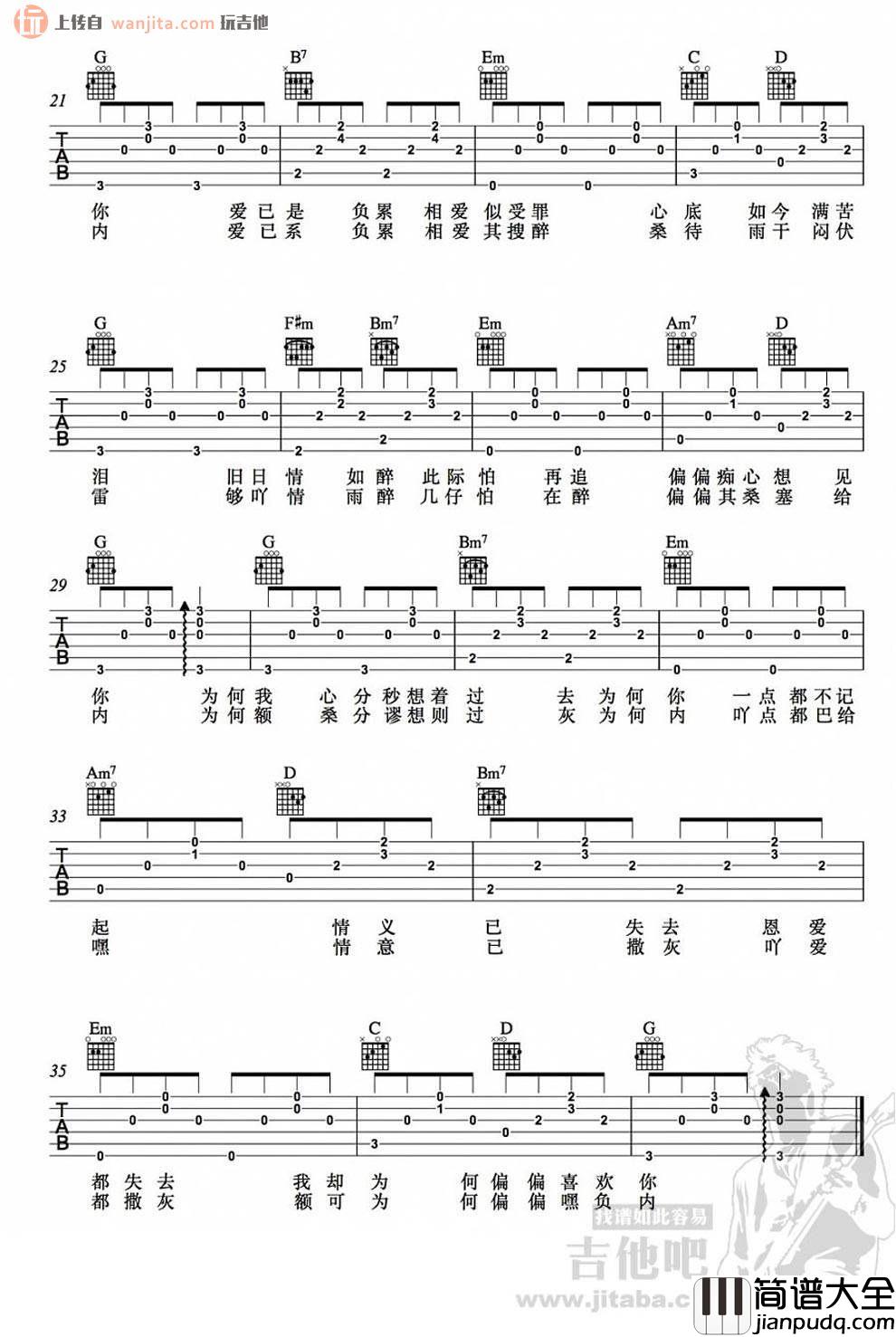 _偏偏喜欢你_吉他谱_G调原版六线谱_吉他弹唱视频_陈百强