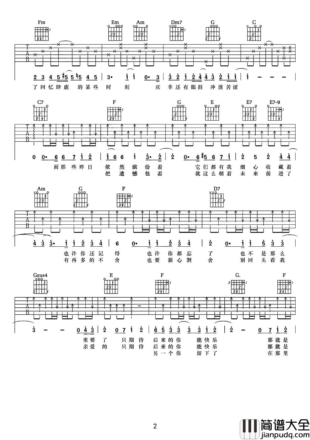 后来的我们吉他谱_C调原版六线谱_五月天 后来的我们吉他谱_C调原版六线谱_五月天