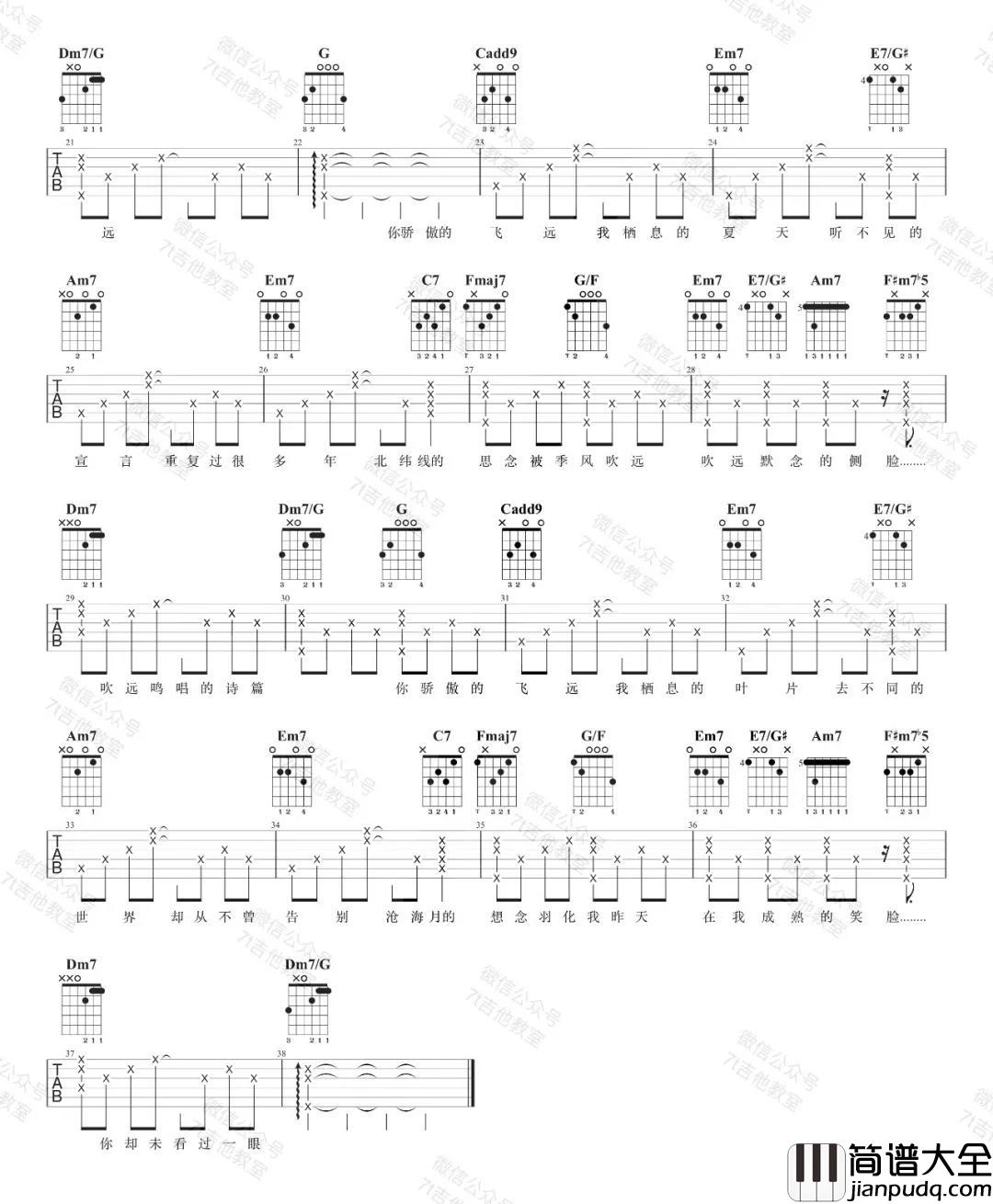 _飞鸟和蝉_吉他谱_C调男版六线谱_吉他弹唱视频_任然