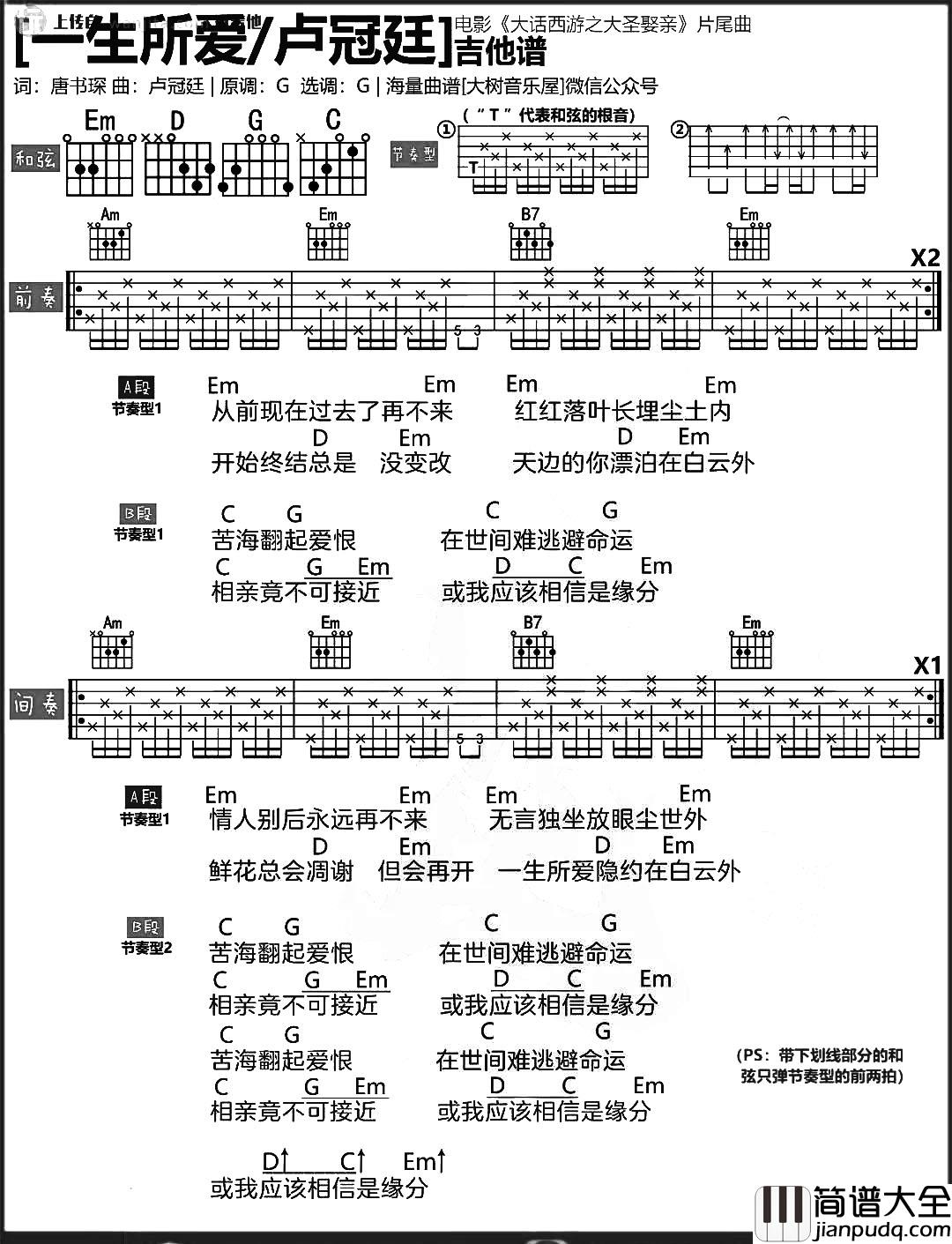 《一生所爱》吉他谱_G调简版六线谱_吉他视频教学_卢冠廷 _一生所爱_吉他谱_G调简版六线谱_吉他视频教学_卢冠廷