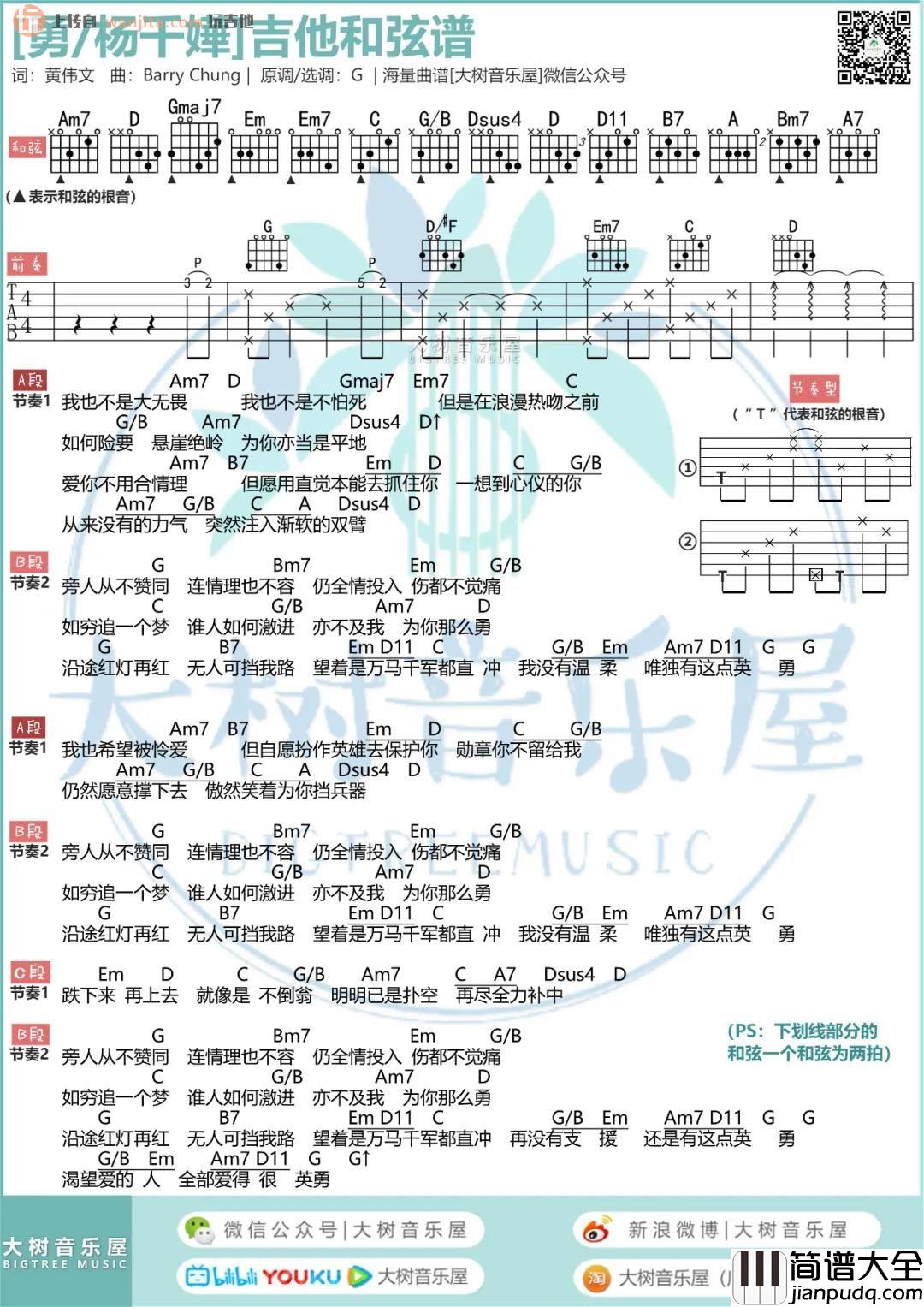 杨千嬅_勇_吉他谱_超原版G调六线谱_吉他弹唱视频教学_杨千嬅