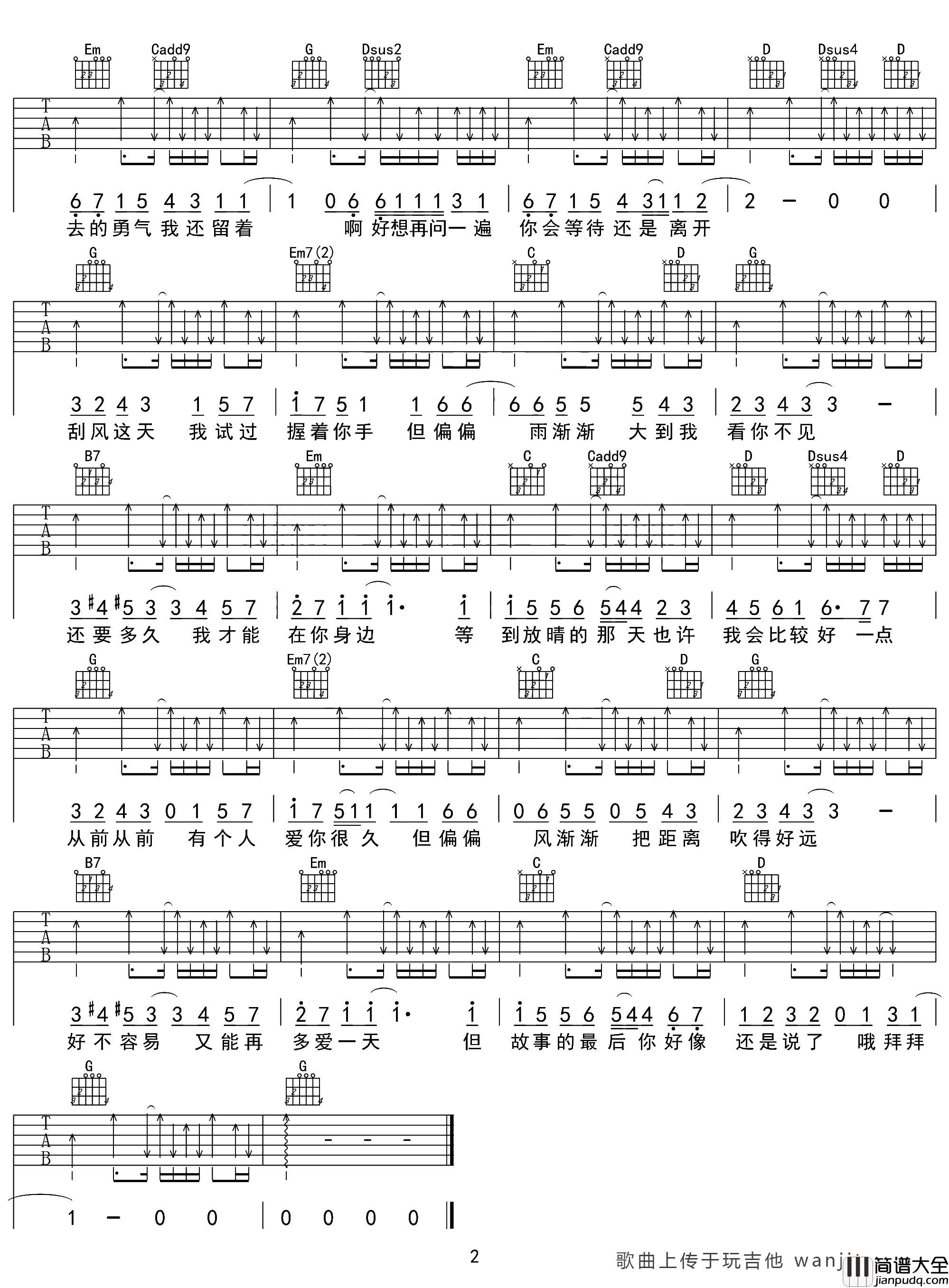 晴天吉他谱_周杰伦_G调精华版六线谱__晴天_吉他弹唱谱