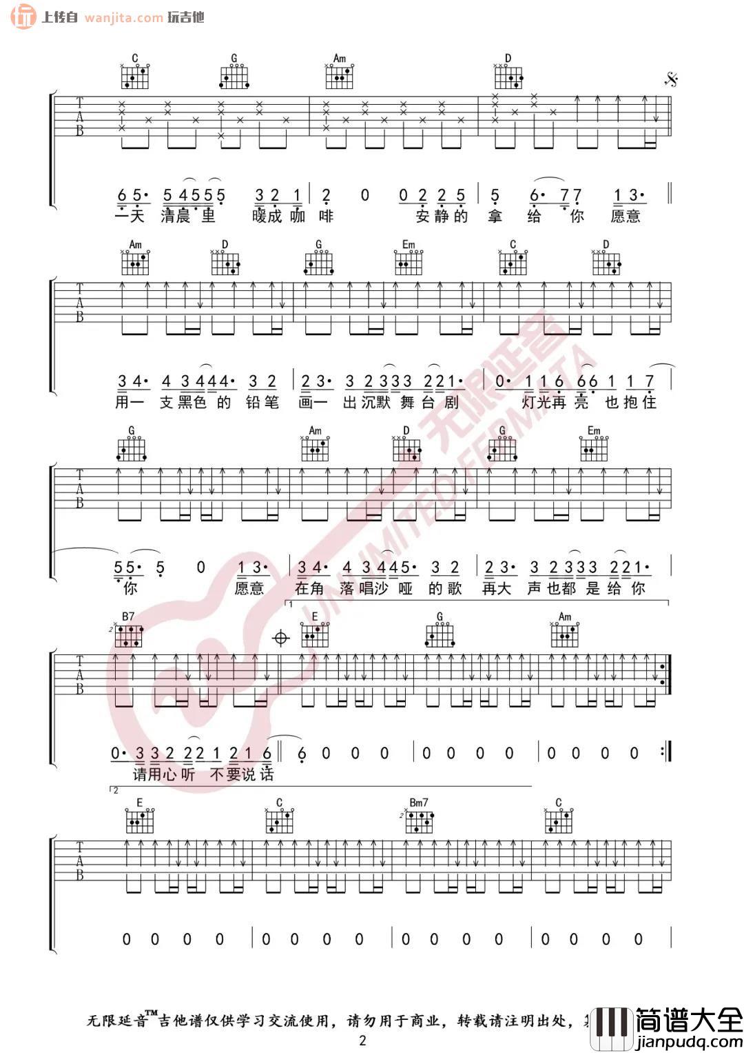 不要说话吉他谱_G调原版六线谱_高清图片谱_陈奕迅