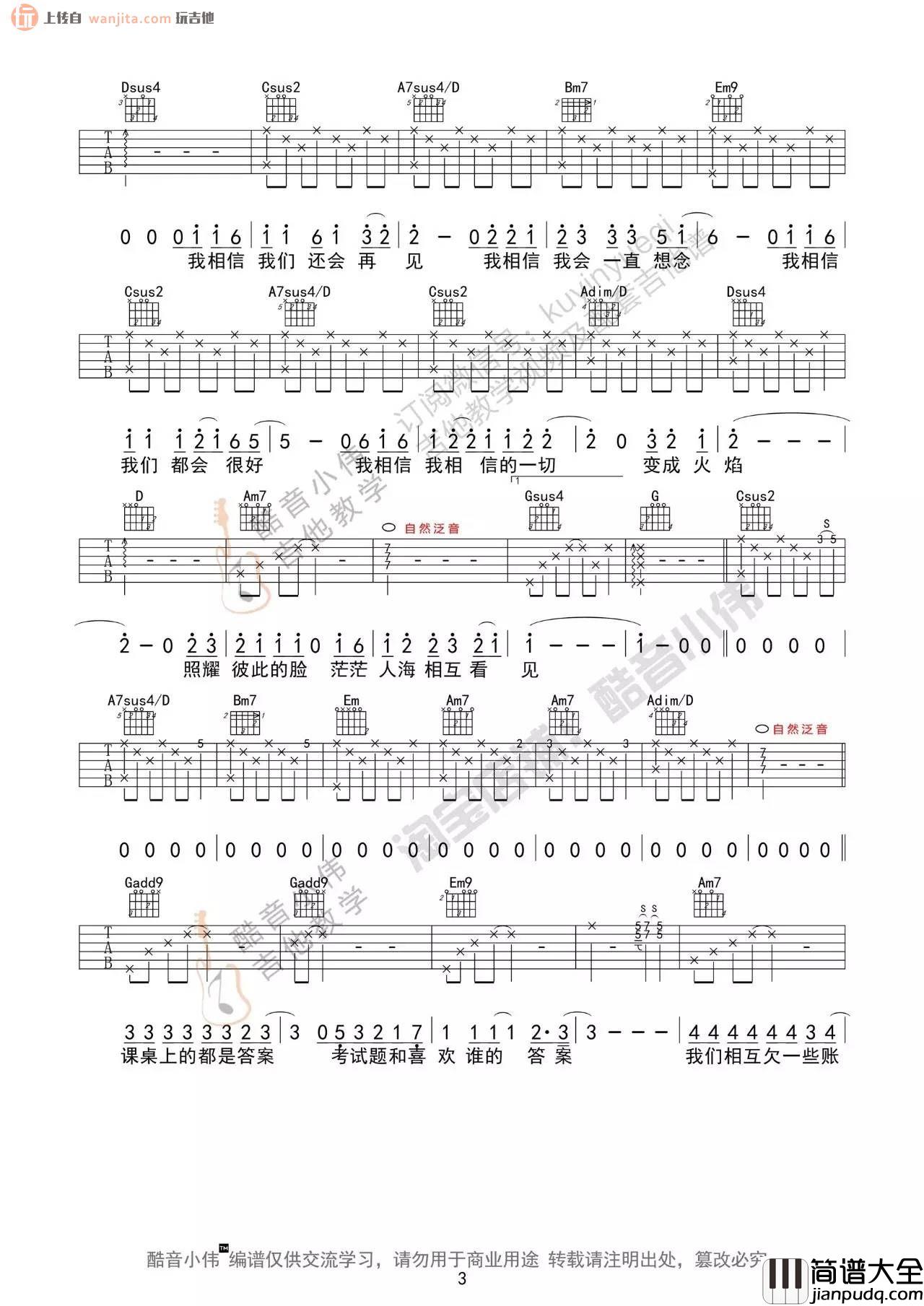 不说再见吉他谱_G调六线谱高级版_吉他视频教学__许飞