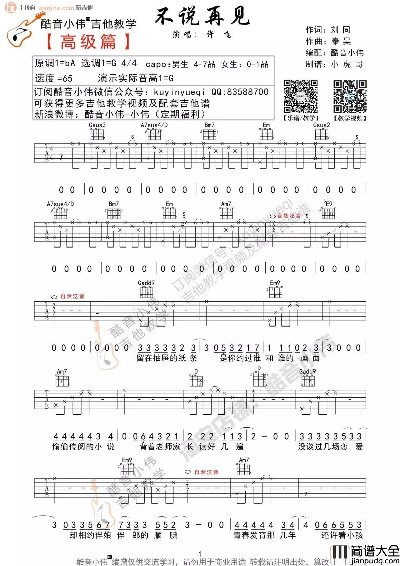 不说再见吉他谱_G调六线谱高级版_吉他视频教学__许飞