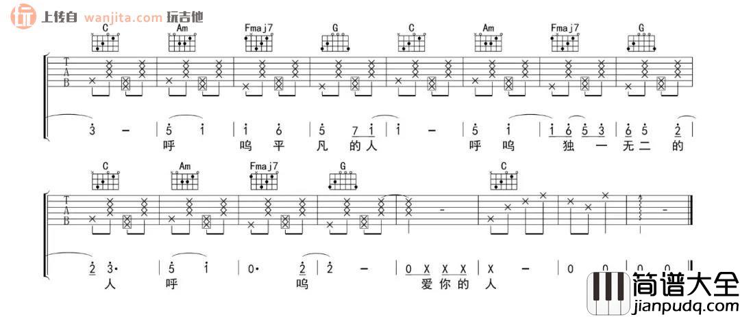 我愿意平凡的陪在你身旁吉他谱_C调原版六线谱_王七七
