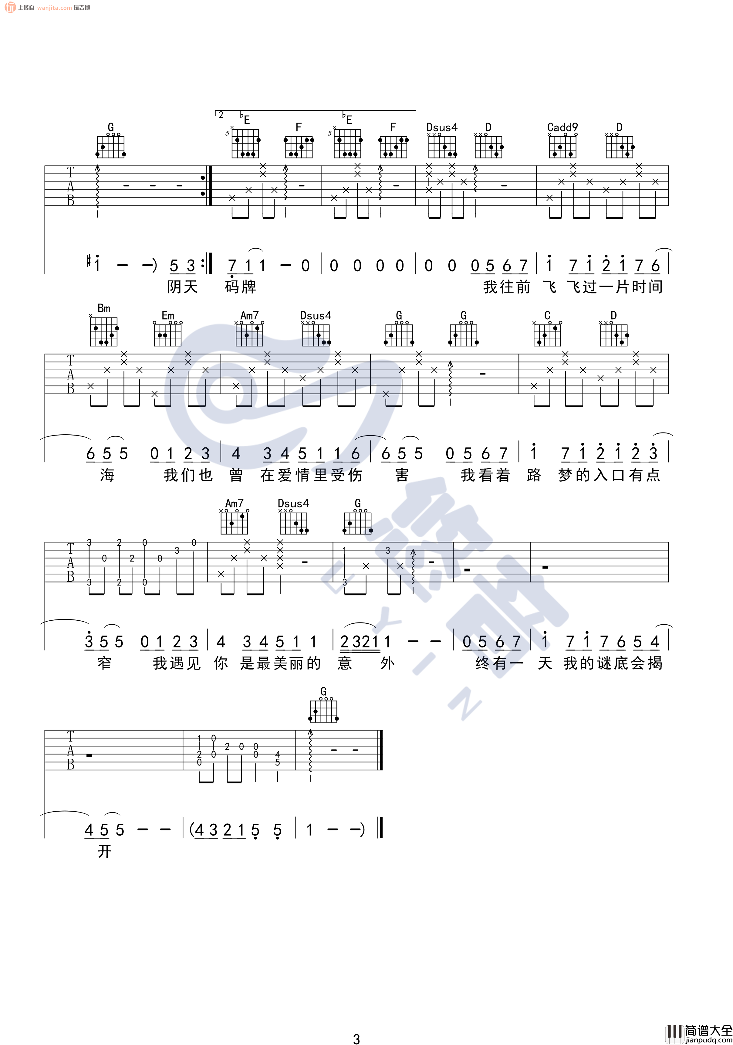 孙燕姿_遇见_吉他谱_G调高清六线谱__遇见_弹唱谱