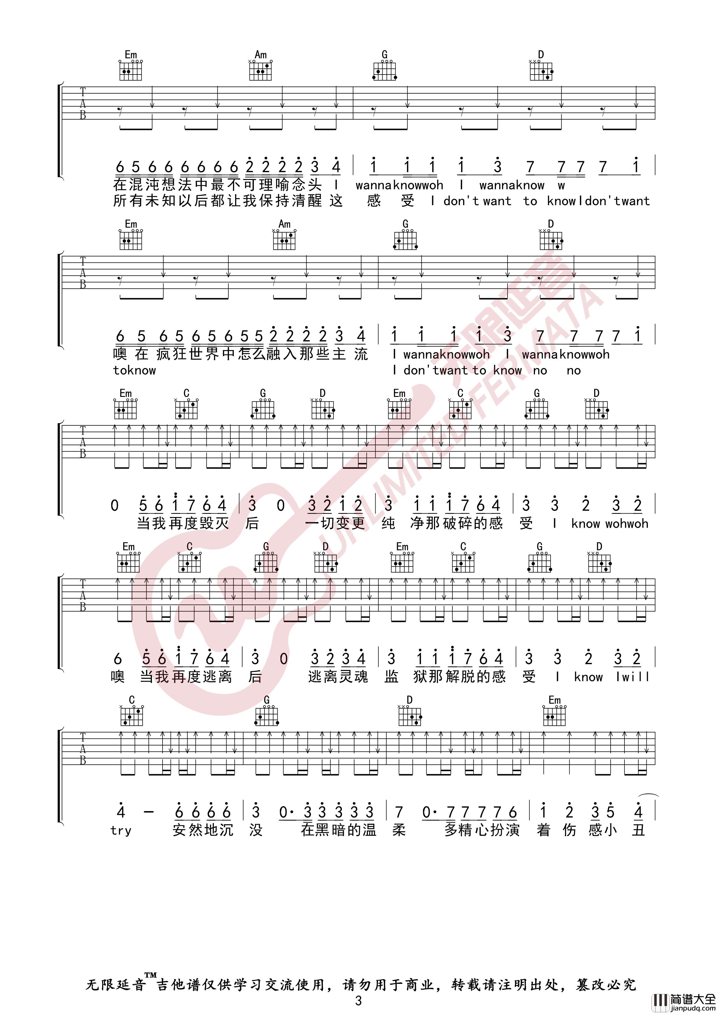 疯人院吉他谱_G调弹唱六线谱_高清图片谱_华晨宇