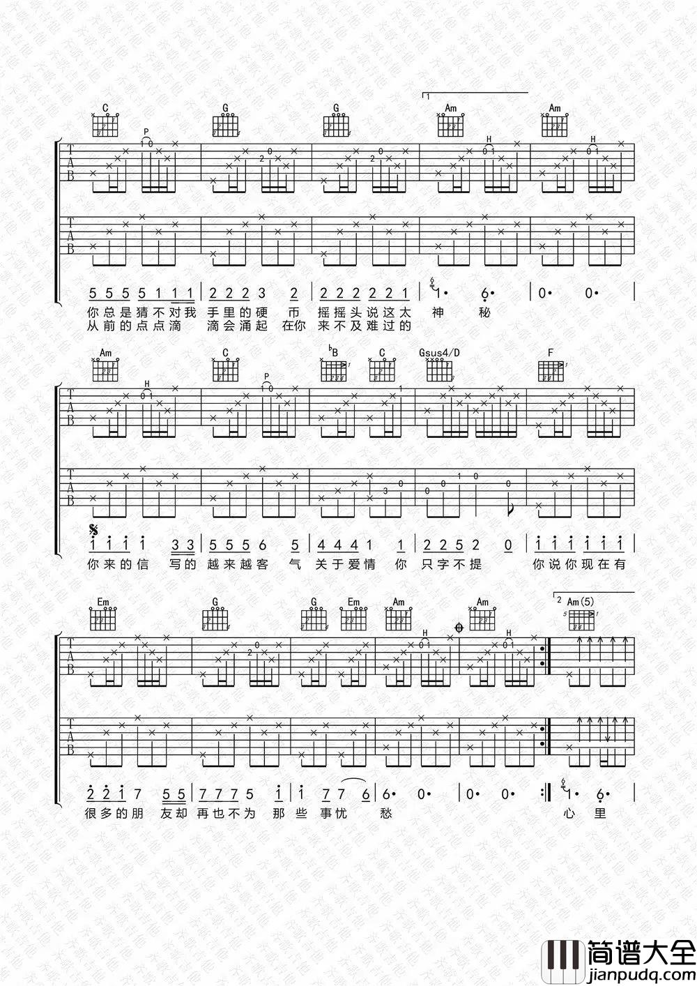 _睡在我上铺的兄弟_吉他谱_F调高清弹唱六线谱_老狼