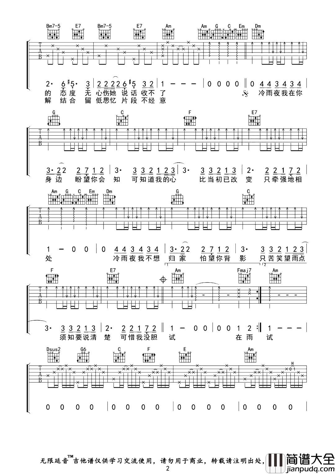 _冷雨夜_吉他谱_C调高清图片谱_六线谱__Beyond