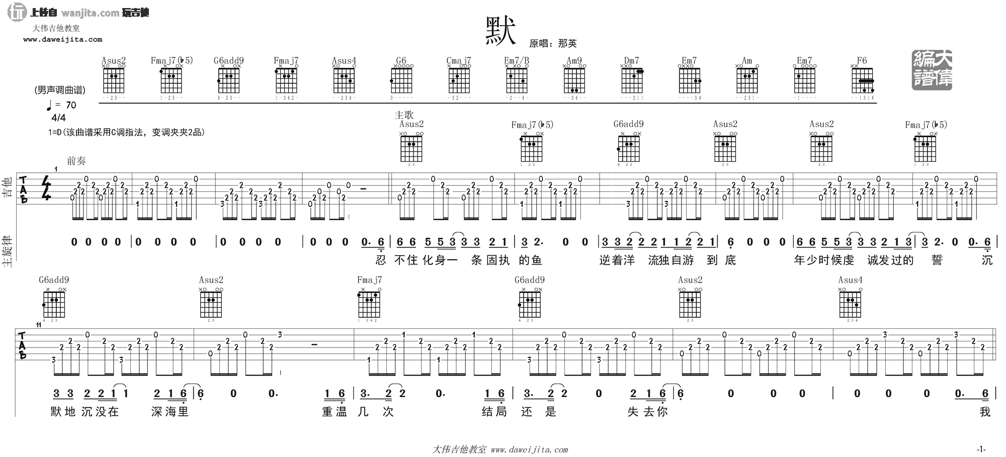 默吉他谱_那英__默_C调原版吉他六线谱
