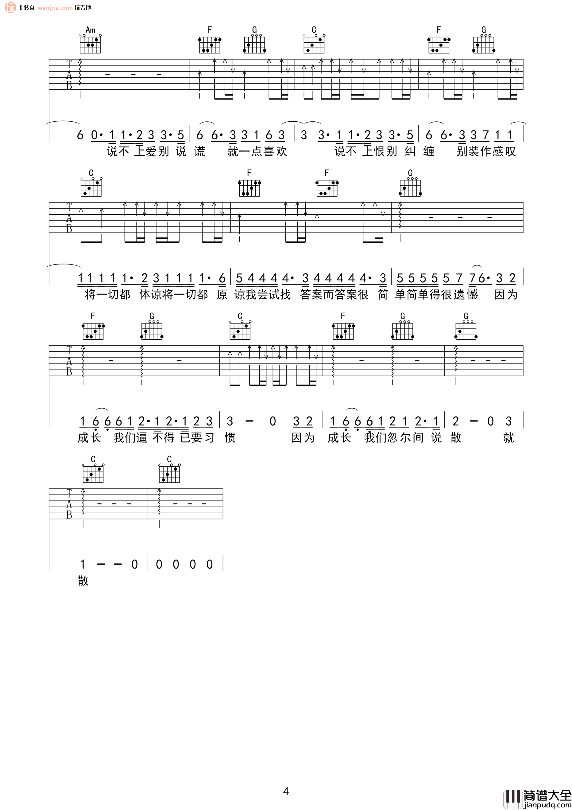 说散就散吉他谱_袁娅维_C调原版六线谱_吉他弹唱谱