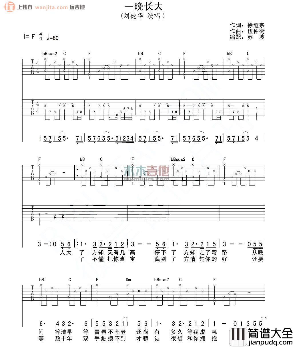 _一晚长大_吉他谱_刘德华_F调原版吉他六线谱
