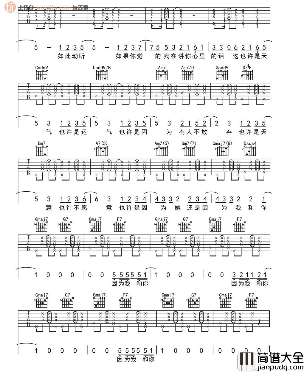 因为你吉他谱_方大同__因为你_G调吉他弹唱谱
