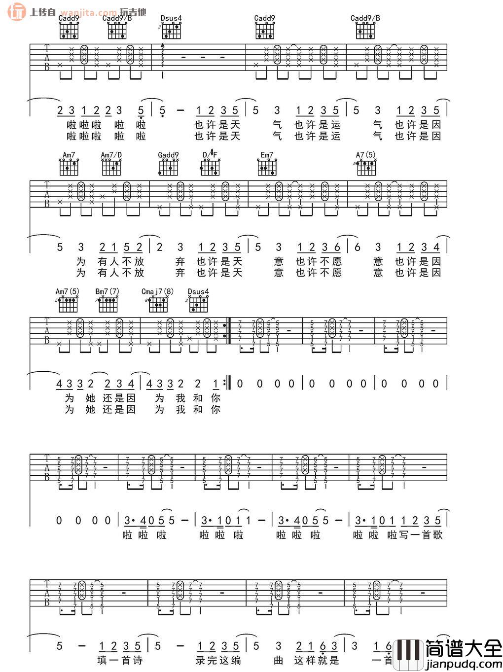因为你吉他谱_方大同__因为你_G调吉他弹唱谱