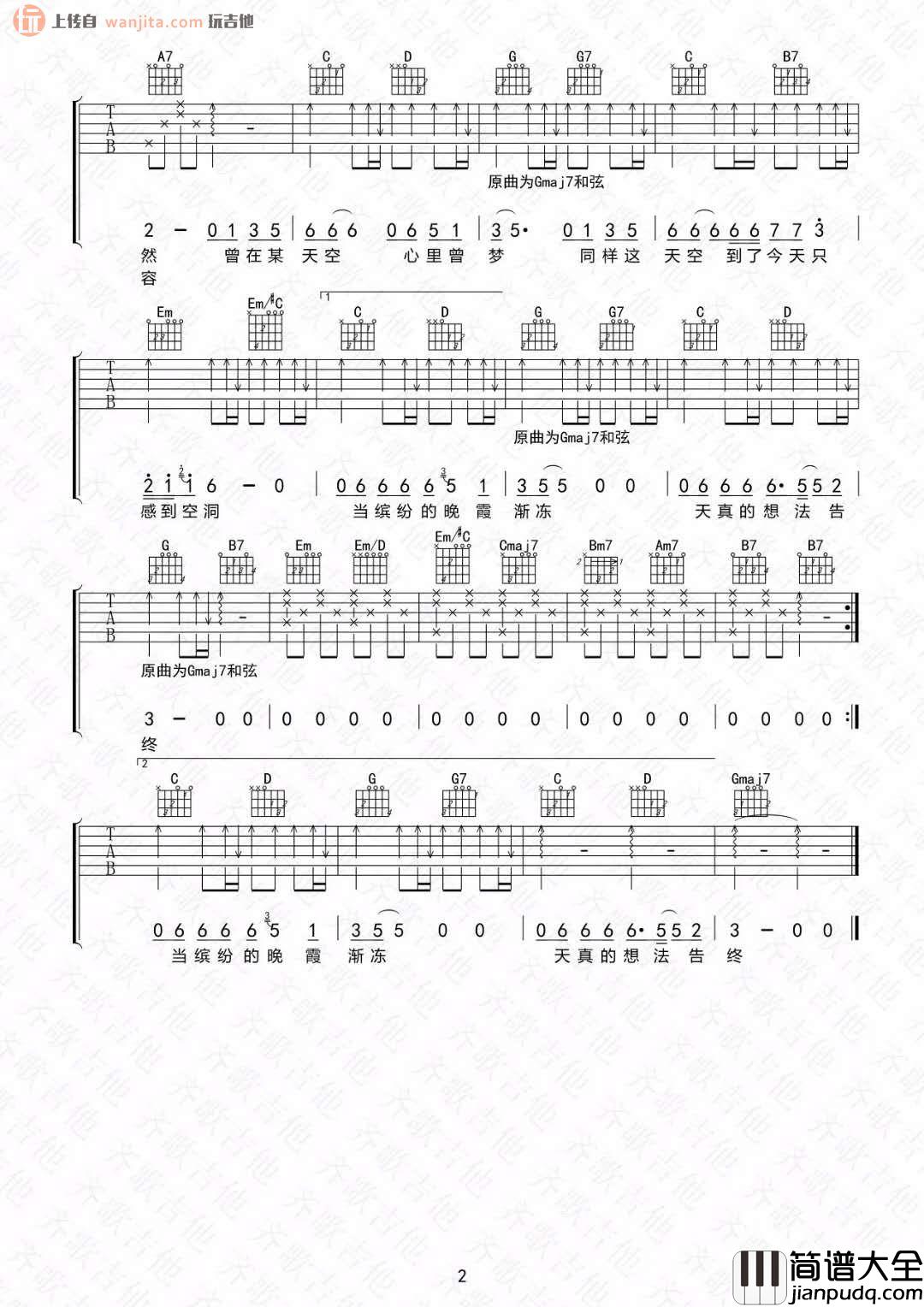 回忆是红色天空吉他谱_王菲_G调原版六线谱_吉他弹唱谱