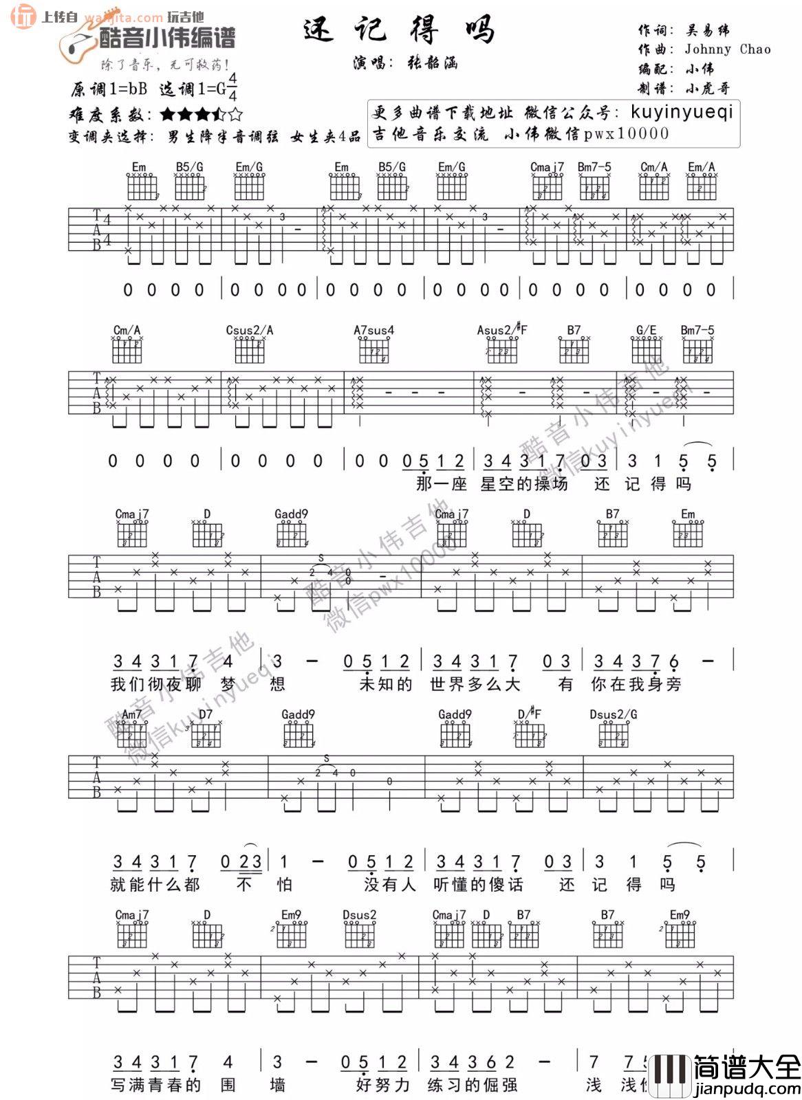 还记得吗吉他谱_张韶涵_G调六线谱_吉他弹唱谱