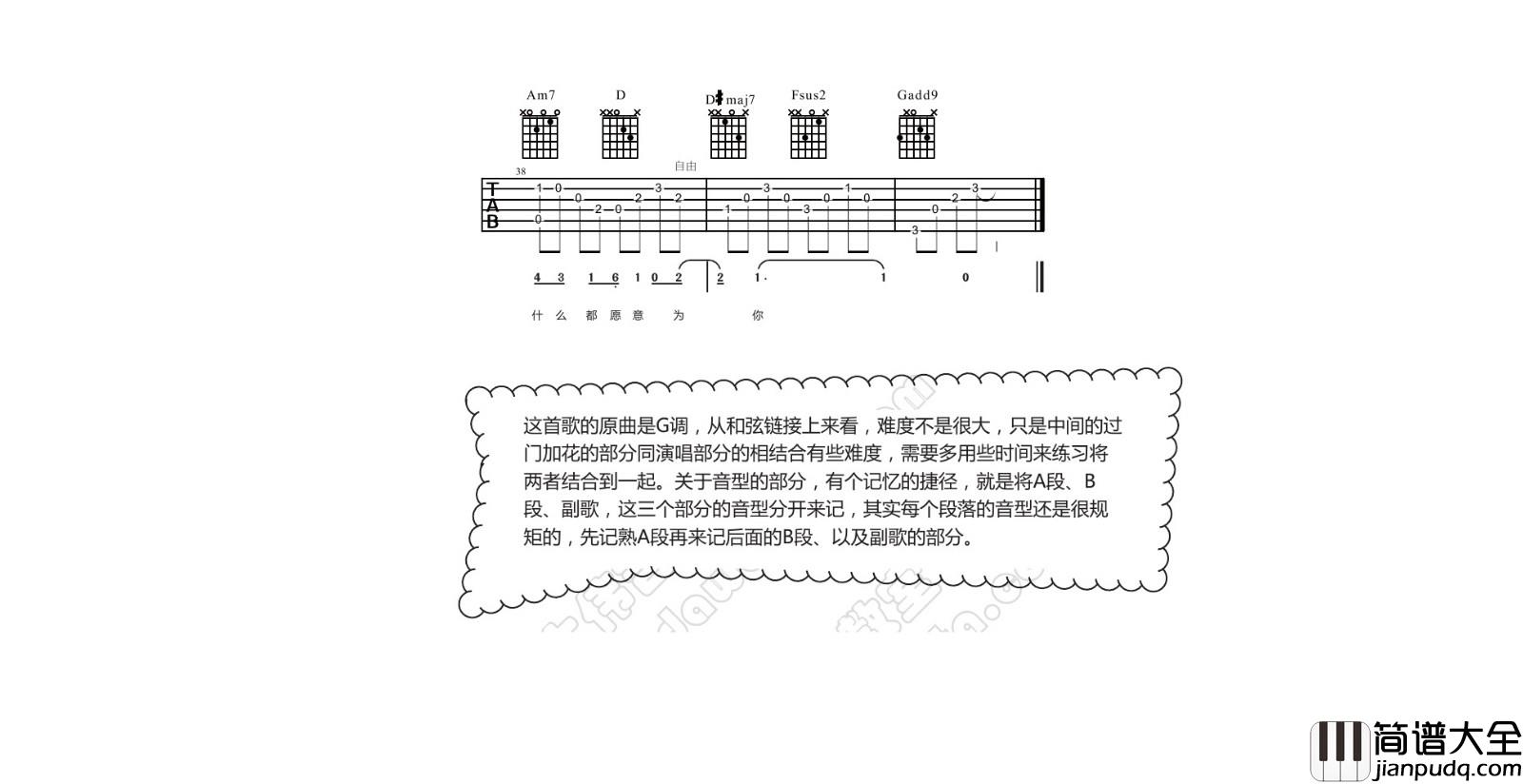 我愿意吉他谱_王菲_G调原版__我愿意_吉他六线谱