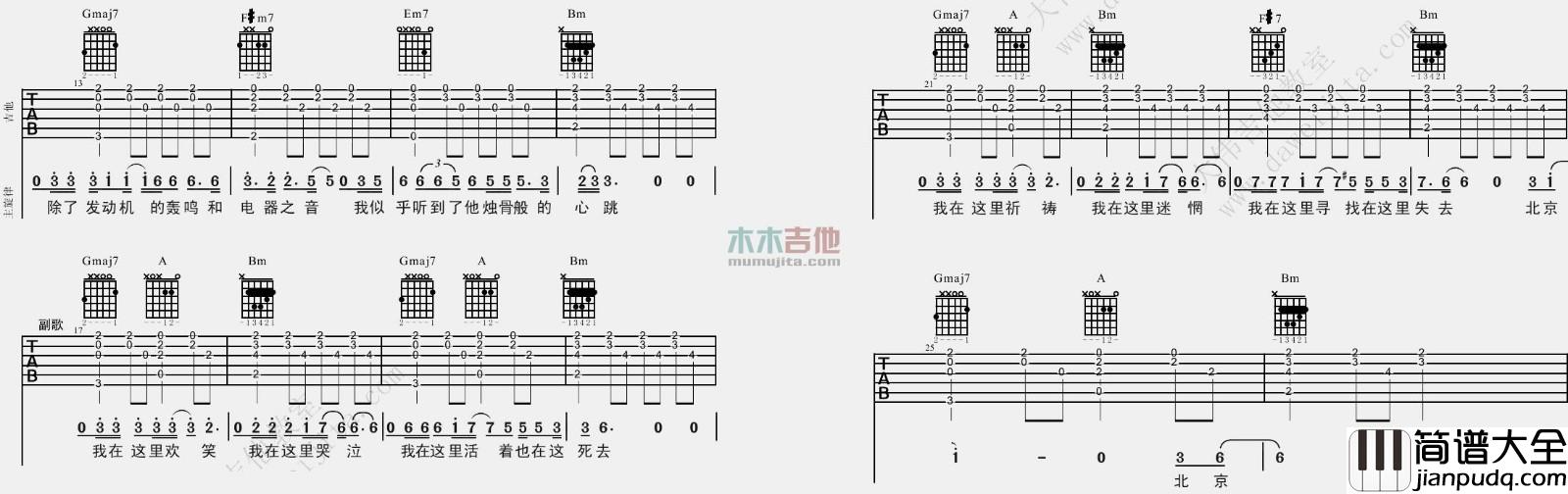 北京北京吉他谱_汪峰_D调原版六线谱_吉他弹唱谱