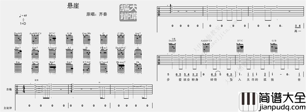 悬崖吉他谱_齐秦_D调六线谱__悬崖_吉他弹唱谱