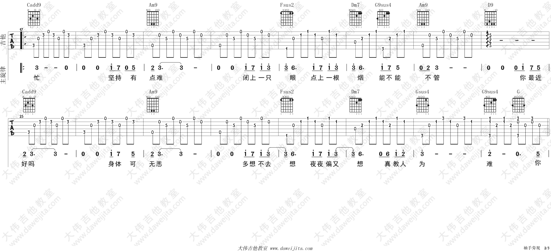 袖手旁观吉他谱_齐秦_C调原版六线谱_大伟吉他版
