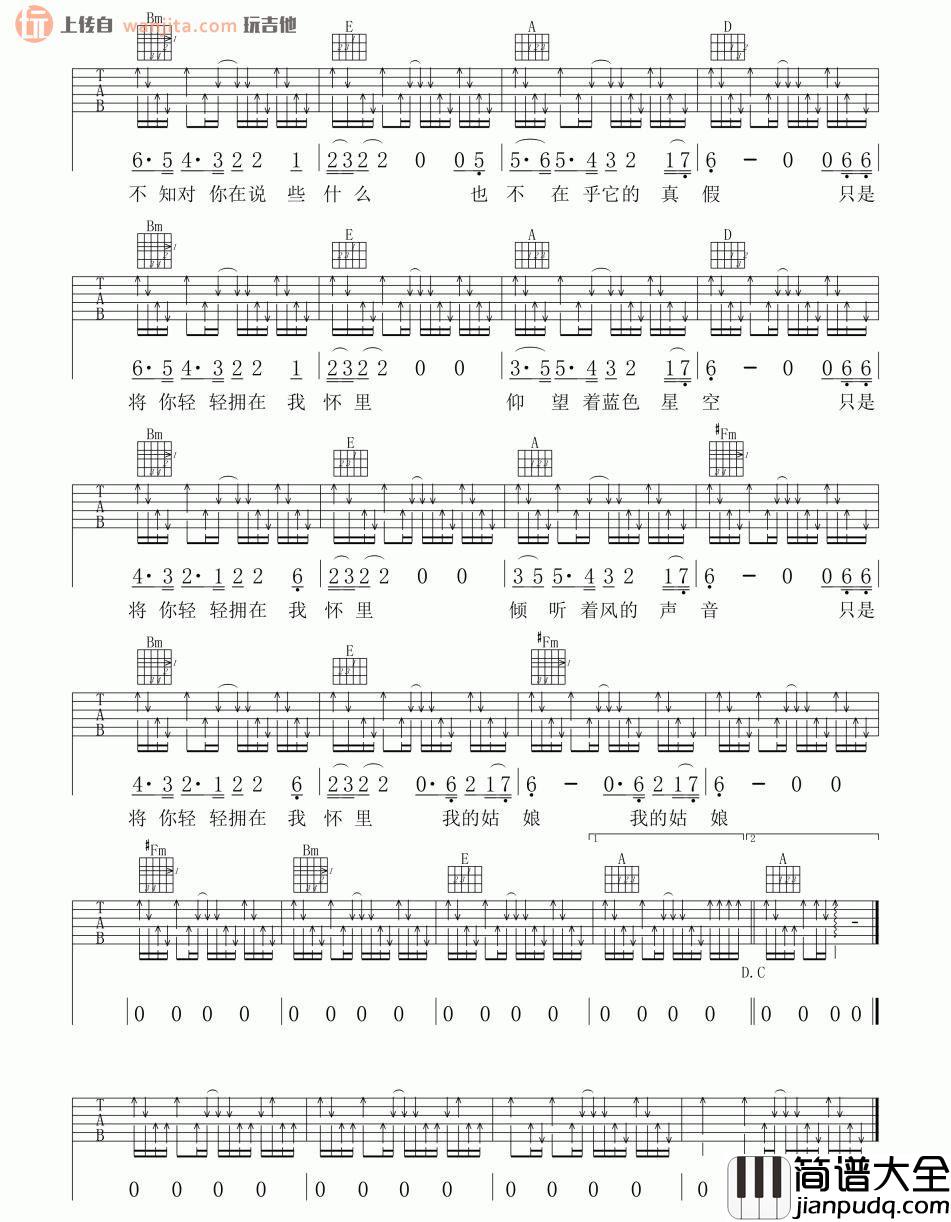 星空吉他谱_许巍_A调扫弦六线谱__星空_吉他弹唱谱