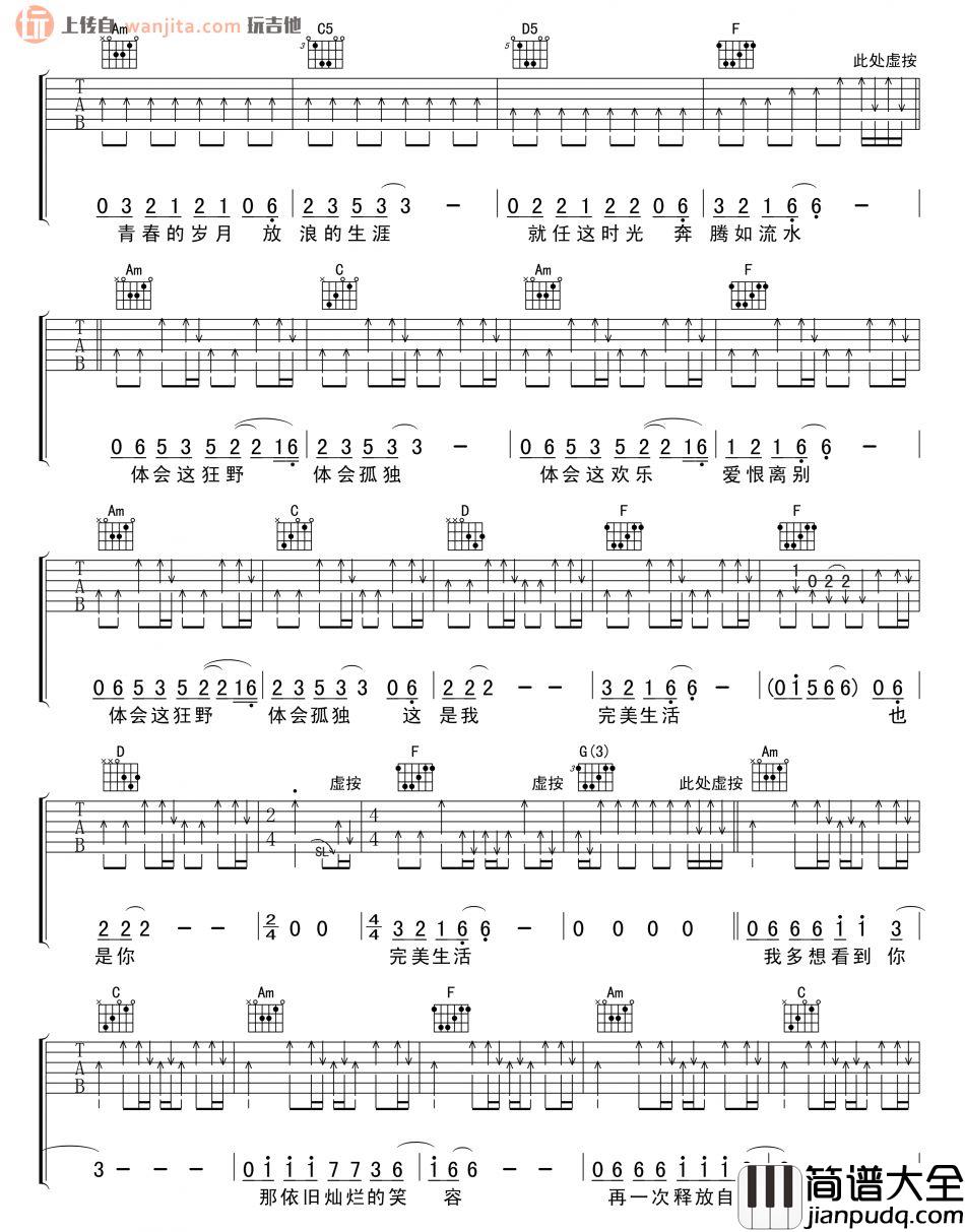 完美生活吉他谱_许巍_C调六线谱_吉他弹唱谱
