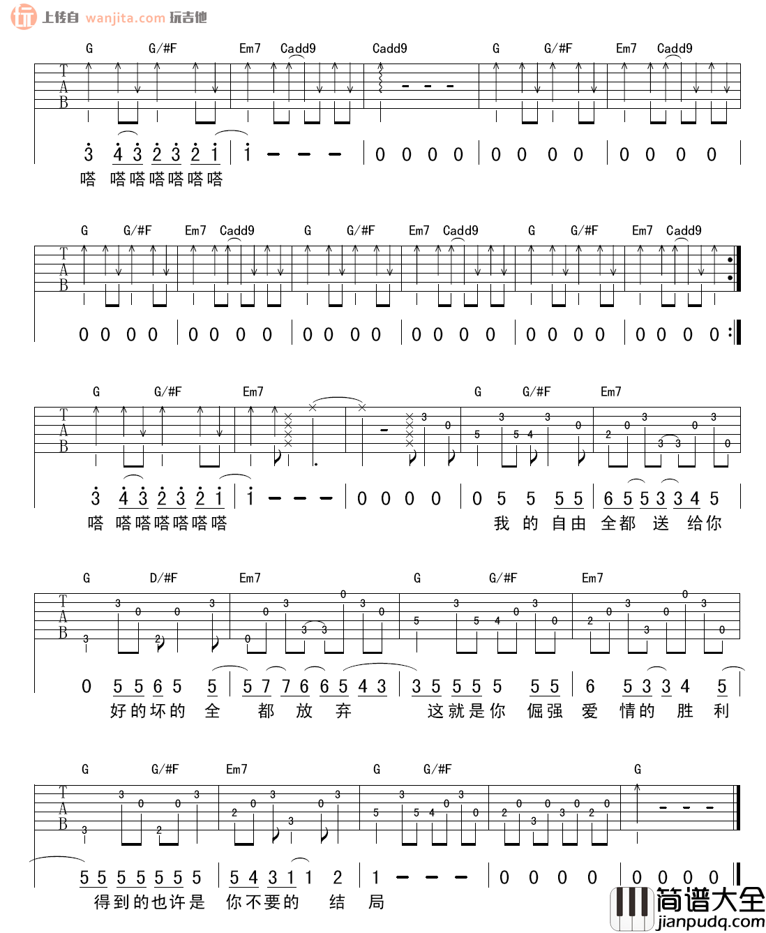 倔强爱情的胜利吉他谱_陈绮贞_G调六线谱_高清图片谱