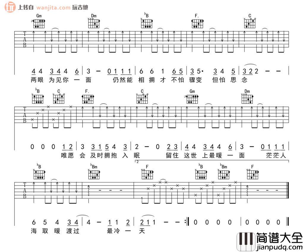 最冷一天吉他谱_陈奕迅_F调原版六线谱_吉他弹唱谱