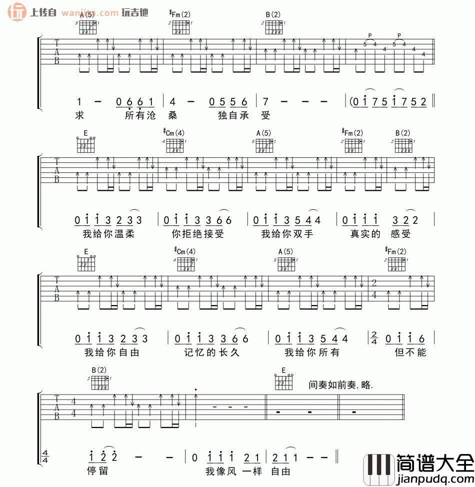 像风一样自由吉他谱_许巍_E调扫弦版六线谱_吉他弹唱谱