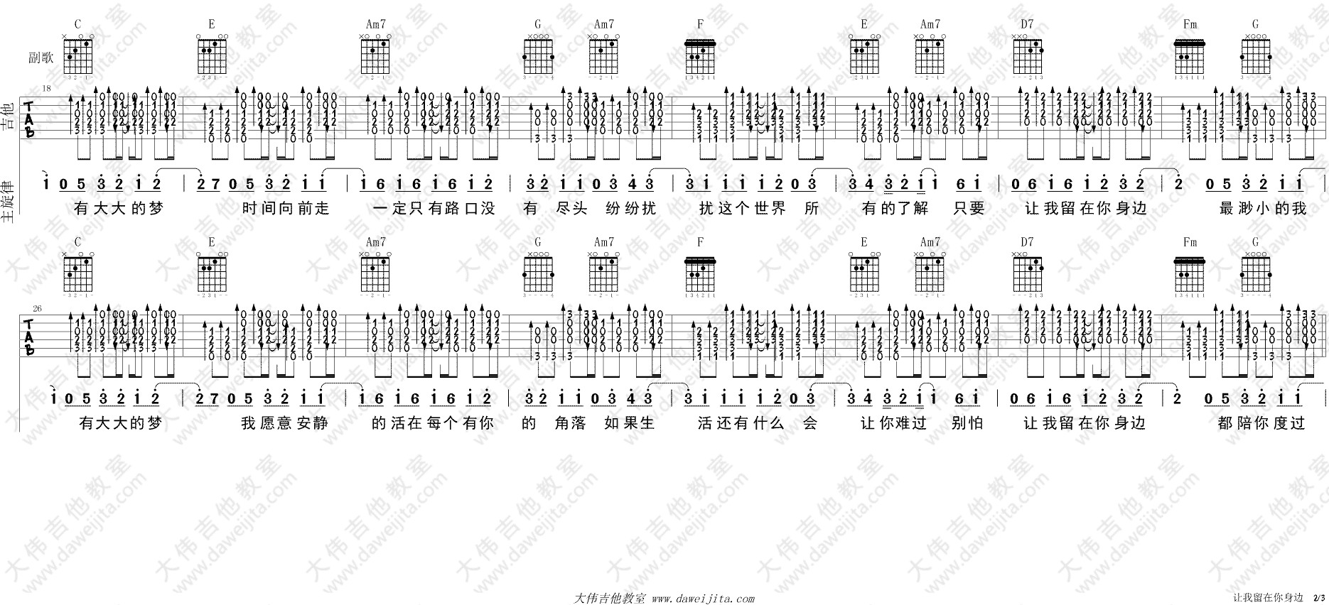 让我留在你身边吉他谱_陈奕迅_C调原版六线谱__摆渡人_主题曲