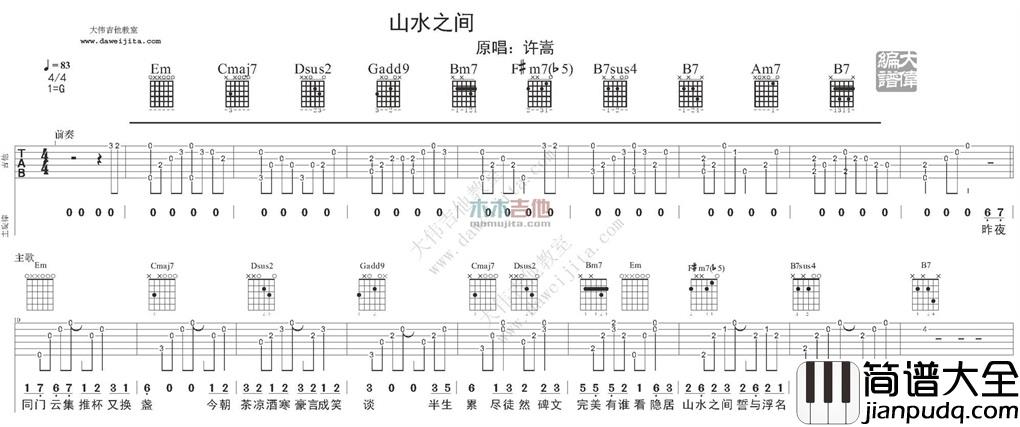 山水之间吉他谱_许嵩_G调原版六线谱_吉他弹唱谱